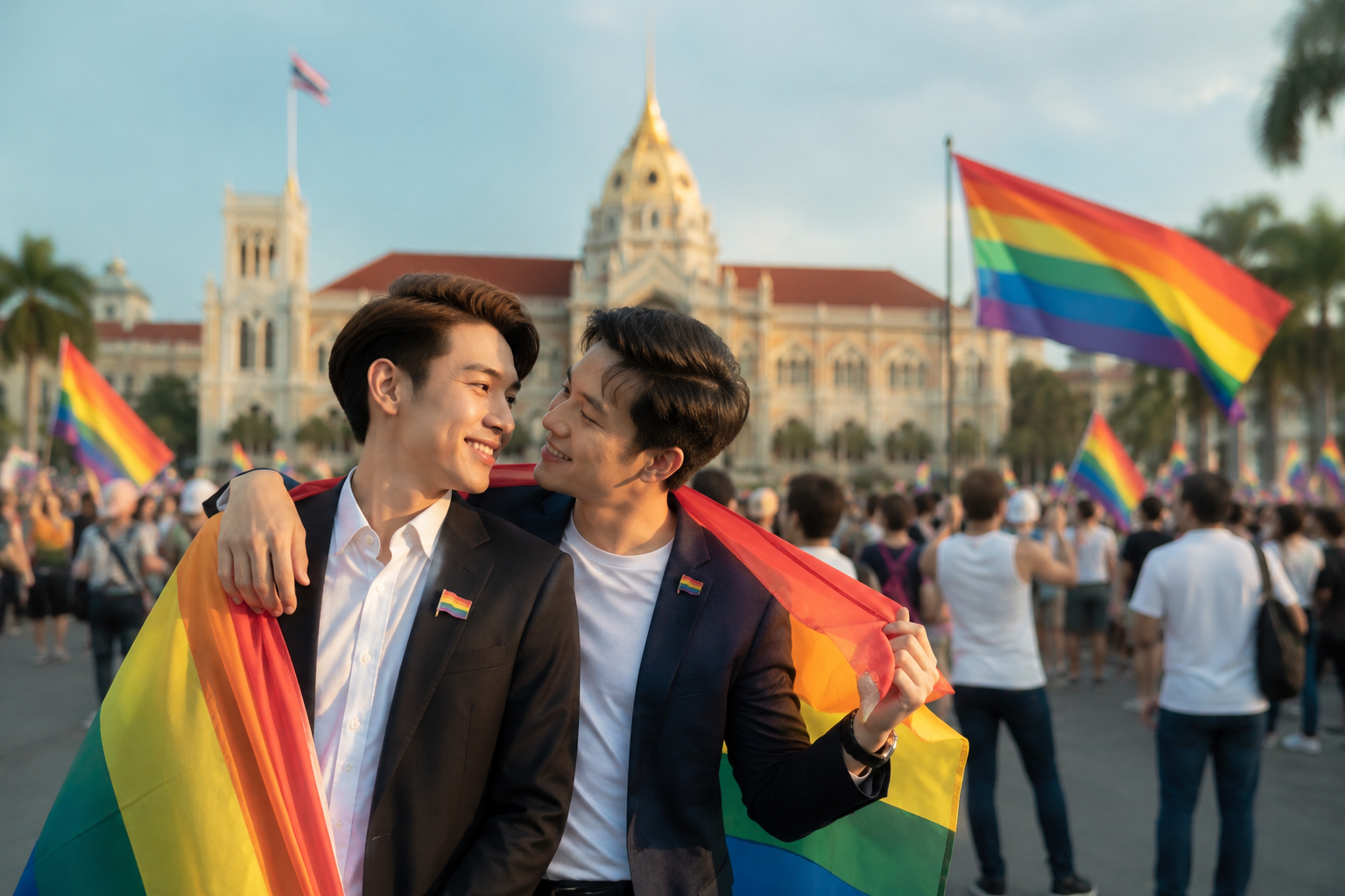 คู่รักชายชาวไทยยิ้มให้กันอย่างมีความสุขท่ามกลางบรรยากาศเฉลิมฉลองความหลากหลายทางเพศ สะท้อนสังคมไทยยุคใหม่ที่เปิดกว้างและเท่าเทียมหลังการสมรสเท่าเทียม