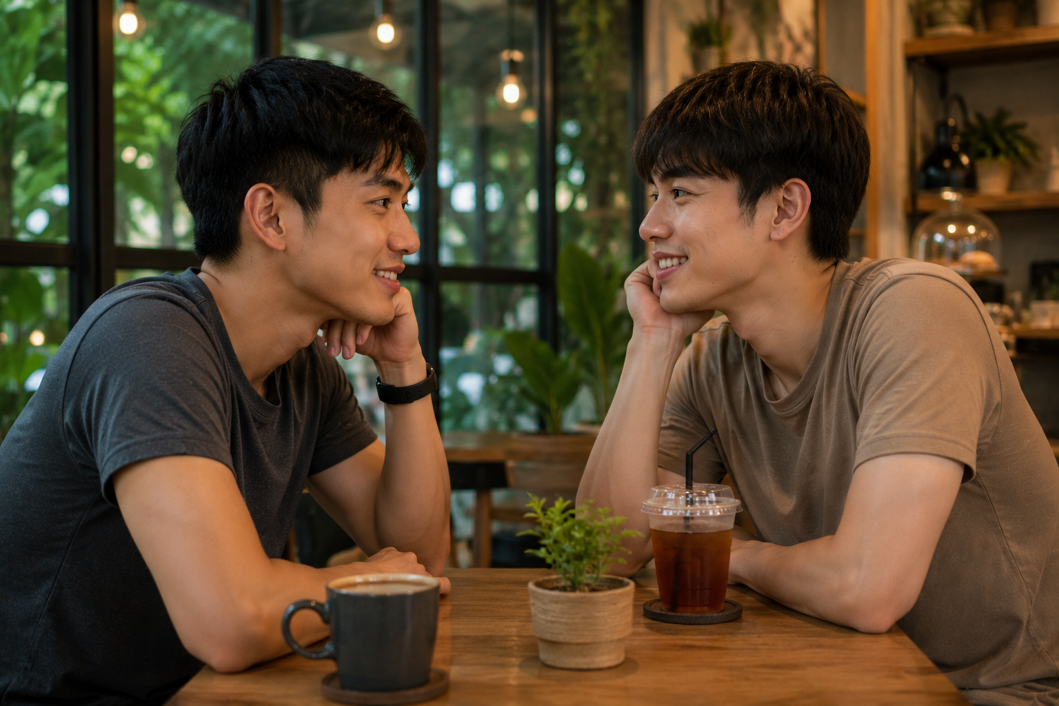 ชายหนุ่มชาวไทยสองคนนั่งพูดคุยและมองตากันด้วยรอยยิ้มในคาเฟ่บรรยากาศอบอุ่น สื่อถึงการสร้างความสัมพันธ์ที่เริ่มต้นจากความเข้าใจ ความจริงใจ และการทำความรู้จักกันอย่างเป็นธรรมชาติ