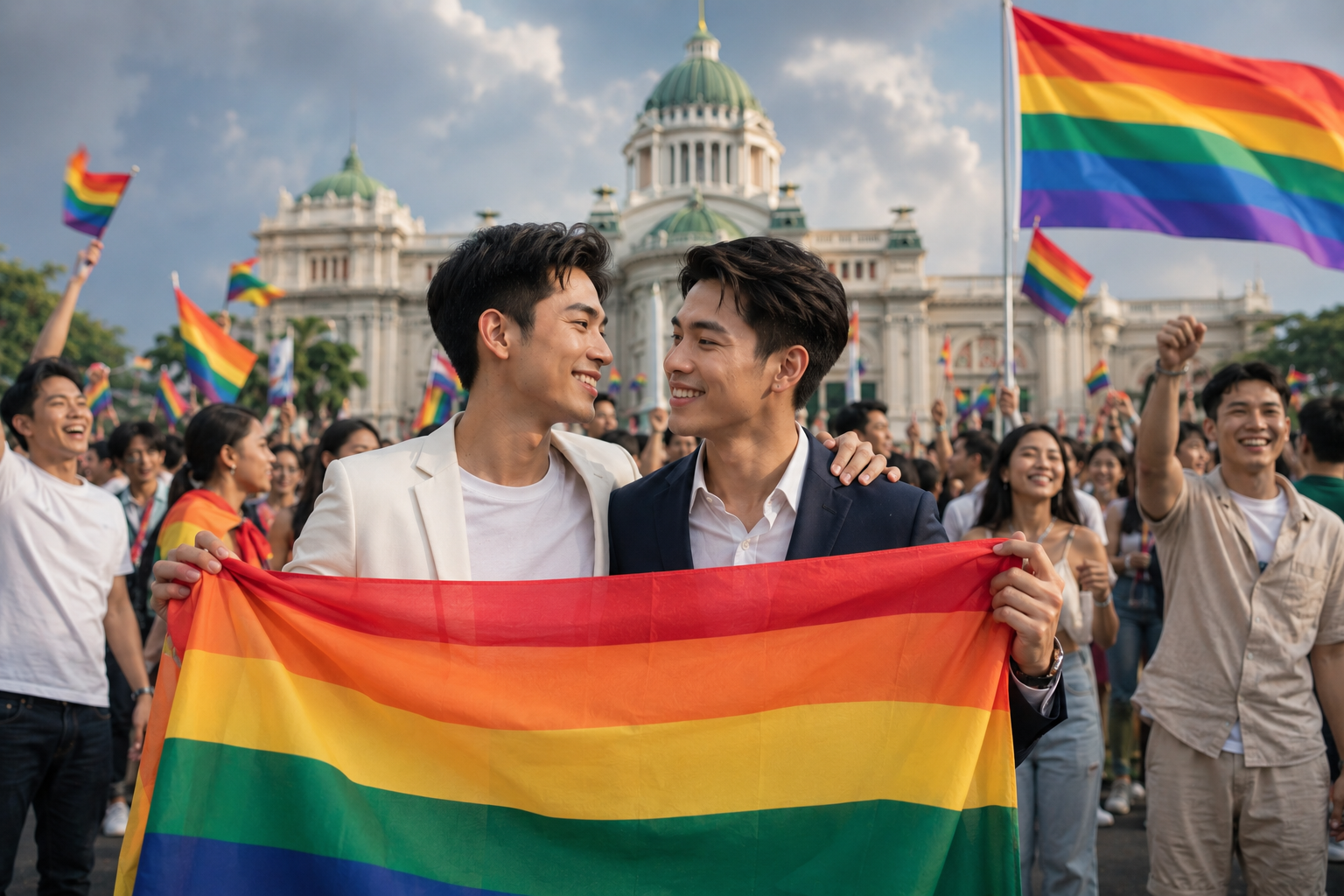 คู่รักชายชาวไทยยืนท่ามกลางบรรยากาศแห่งการเฉลิมฉลองความเท่าเทียม รายล้อมด้วยผู้คนที่มีความสุข สะท้อนการยอมรับและสิทธิที่เท่าเทียมของชุมชน LGBTQ+ ในสังคมไทยยุคใหม่.