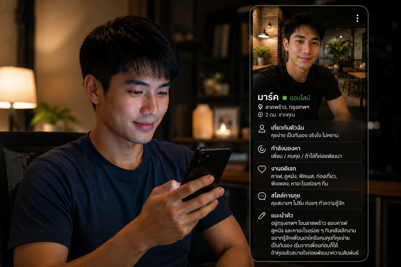 ชายหนุ่มชาวไทยกำลังใช้งานสมาร์ตโฟนในบรรยากาศอบอุ่นภายในบ้าน ขณะตรวจสอบและปรับแต่งโปรไฟล์ออนไลน์ของตนเอง สื่อถึงการนำเสนอตัวตนอย่างจริงใจ ชัดเจน และเป็นมิตร เพื่อเพิ่มโอกาสในการเริ่มต้นบทสนทนาและสร้างความสัมพันธ์ใหม่กับผู้คนที่มีความสนใจใกล้เคียงกัน