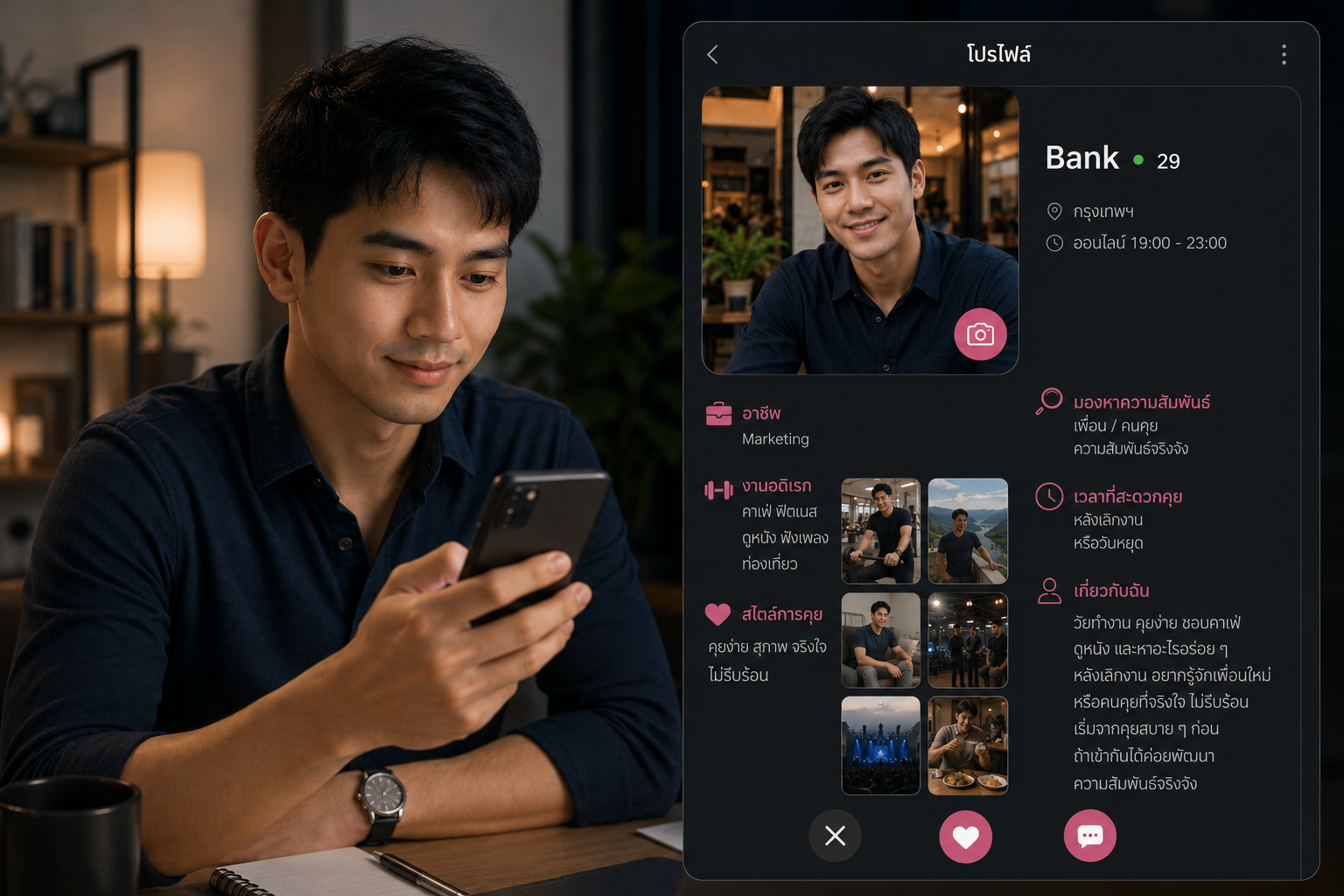 ชายหนุ่มวัยทำงานกำลังใช้งานสมาร์ตโฟนในบรรยากาศอบอุ่นภายในบ้าน พร้อมโปรไฟล์ออนไลน์ที่แสดงตัวตน ความสนใจ และไลฟ์สไตล์อย่างชัดเจน สื่อถึงการสร้างโปรไฟล์ที่จริงใจและน่าทำความรู้จัก