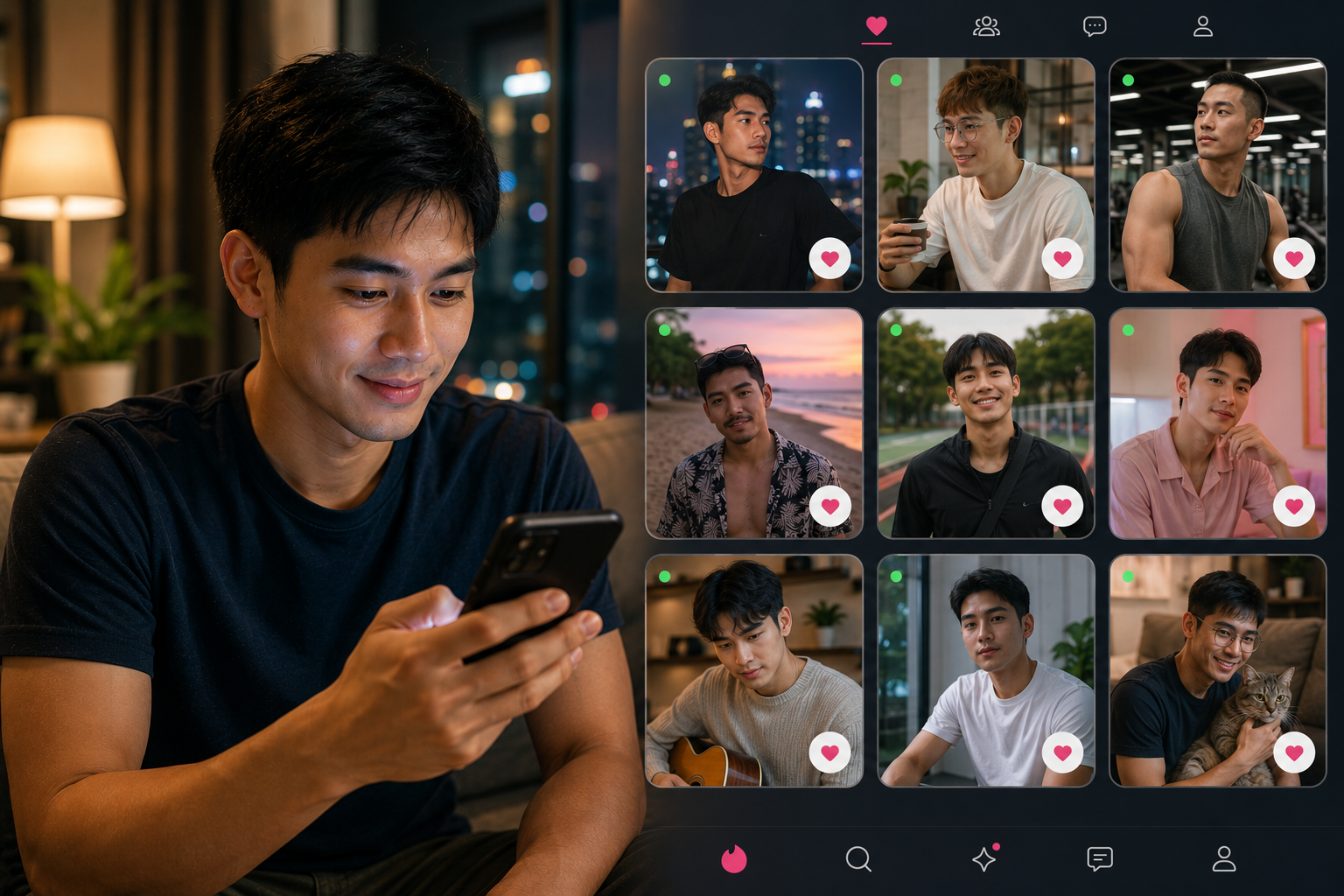 ชายหนุ่มชาวไทยกำลังใช้งานสมาร์ตโฟนในบรรยากาศอบอุ่นภายในบ้าน ขณะเลือกดูโปรไฟล์ผู้คนหลากหลายสไตล์บนแอปหาคู่ออนไลน์ สื่อถึงการเปิดโอกาสให้คนโสดทุกวัยได้ทำความรู้จักเพื่อนใหม่ คนคุย และความสัมพันธ์ที่ตรงกับความสนใจของตนเอง