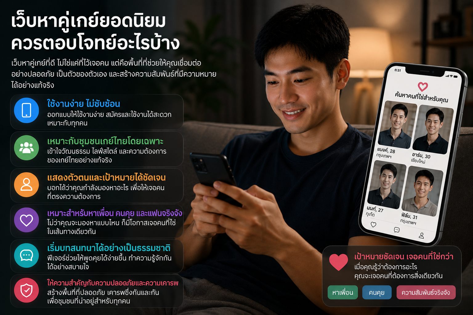 ชายหนุ่มชาวไทยกำลังใช้งานสมาร์ตโฟนในบรรยากาศอบอุ่นภายในบ้าน พร้อมอินโฟกราฟิกแสดงคุณสมบัติของเว็บหาคู่เกย์ เช่น การใช้งานง่าย ความปลอดภัย การแสดงตัวตน และการสร้างความสัมพันธ์ที่จริงใจ