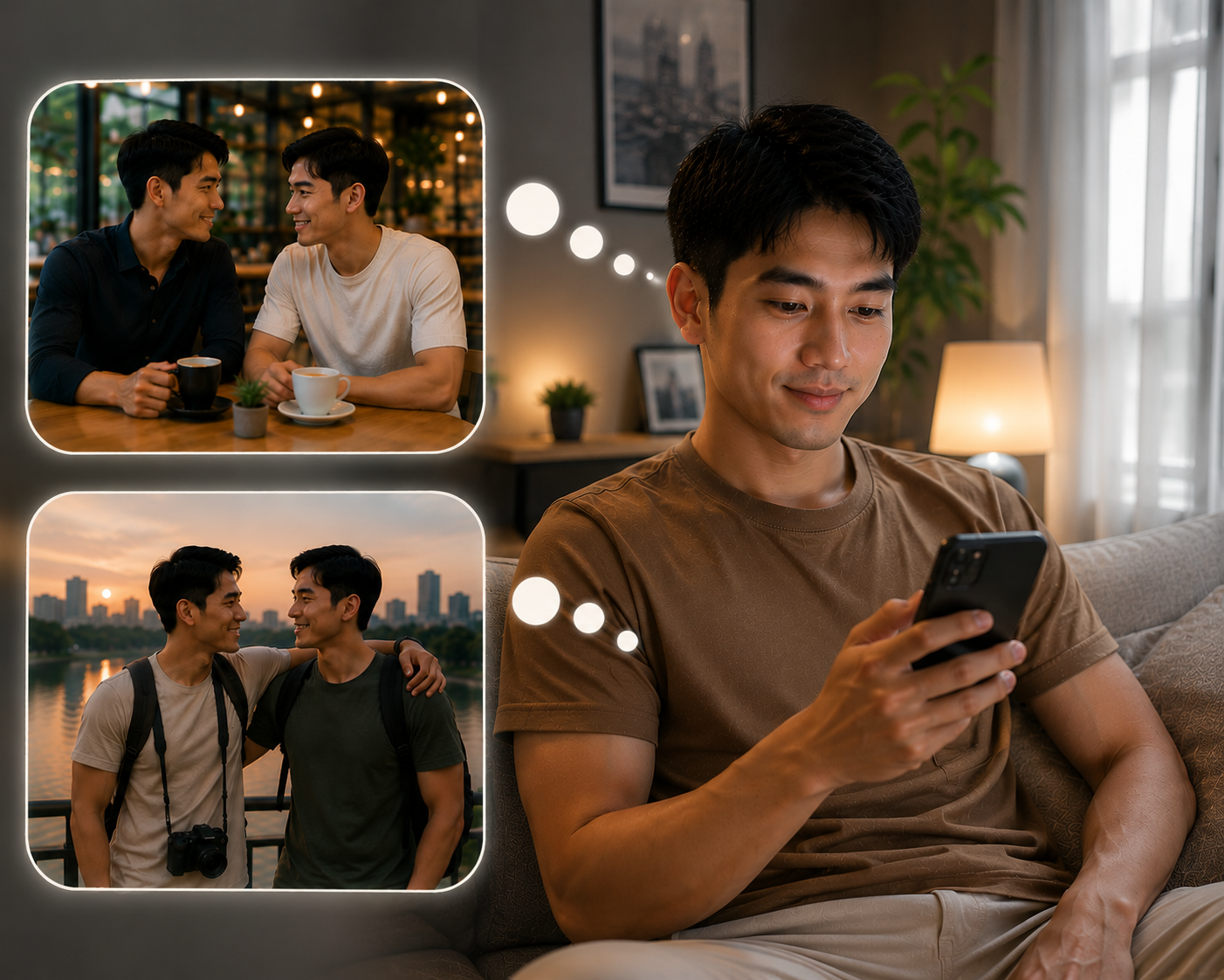 ชายหนุ่มชาวไทยนั่งใช้งานสมาร์ตโฟนในห้องนั่งเล่นสมัยใหม่ พร้อมภาพความคิดที่ลอยอยู่ด้านข้าง แสดงช่วงเวลาการพบปะและสร้างความสัมพันธ์กับชายหนุ่มอีกคนในบรรยากาศอบอุ่นและเป็นกันเอง