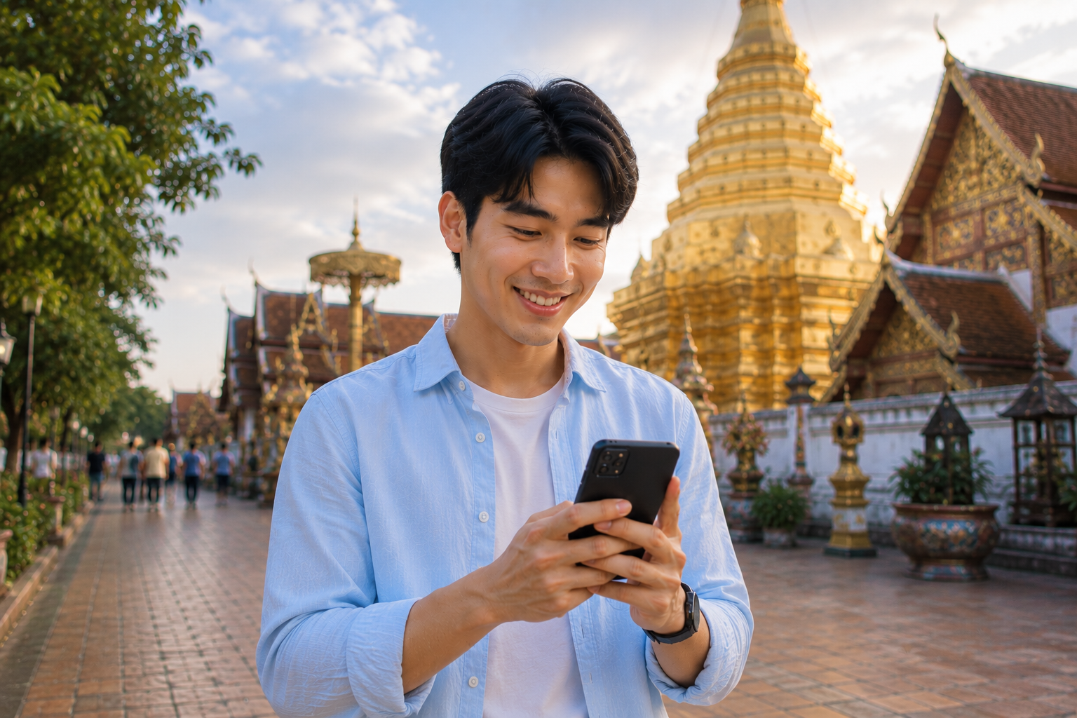 ชายหนุ่มชาวไทยสวมเสื้อสีฟ้าอ่อนกำลังใช้งานสมาร์ตโฟนอย่างมีความสุข ท่ามกลางบรรยากาศสถานที่ท่องเที่ยวสำคัญของเชียงใหม่ที่มีเจดีย์สีทองและสถาปัตยกรรมล้านนาอันโดดเด่นในช่วงเย็น สื่อถึงการเชื่อมต่อผู้คน การหาเพื่อนใหม่ และการใช้ชีวิตในเมืองเชียงใหม่ที่อบอุ่นและเป็นมิตร