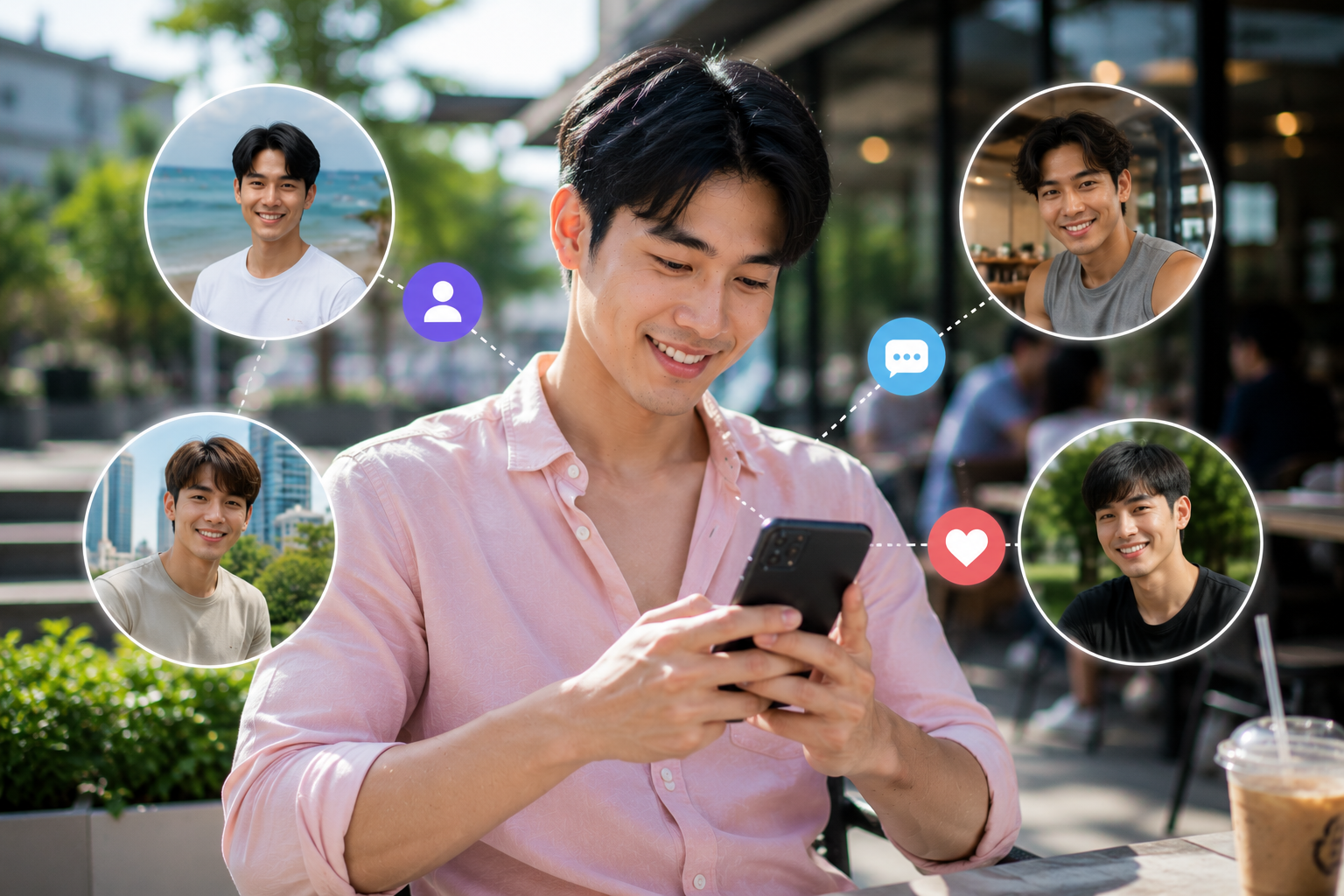 ชายหนุ่มชาวไทยกำลังใช้งานสมาร์ตโฟนในคาเฟ่กลางแจ้งบรรยากาศสดใส รายล้อมด้วยโปรไฟล์ชายหนุ่มหลากหลายบุคลิกในกรอบวงกลมขนาดใหญ่ สื่อถึงการหาเพื่อนใหม่ การสร้างคอนเนกชัน การพูดคุยออนไลน์ และการขยายสังคมผ่านชุมชนเกย์ไทยบนโลกดิจิทัล