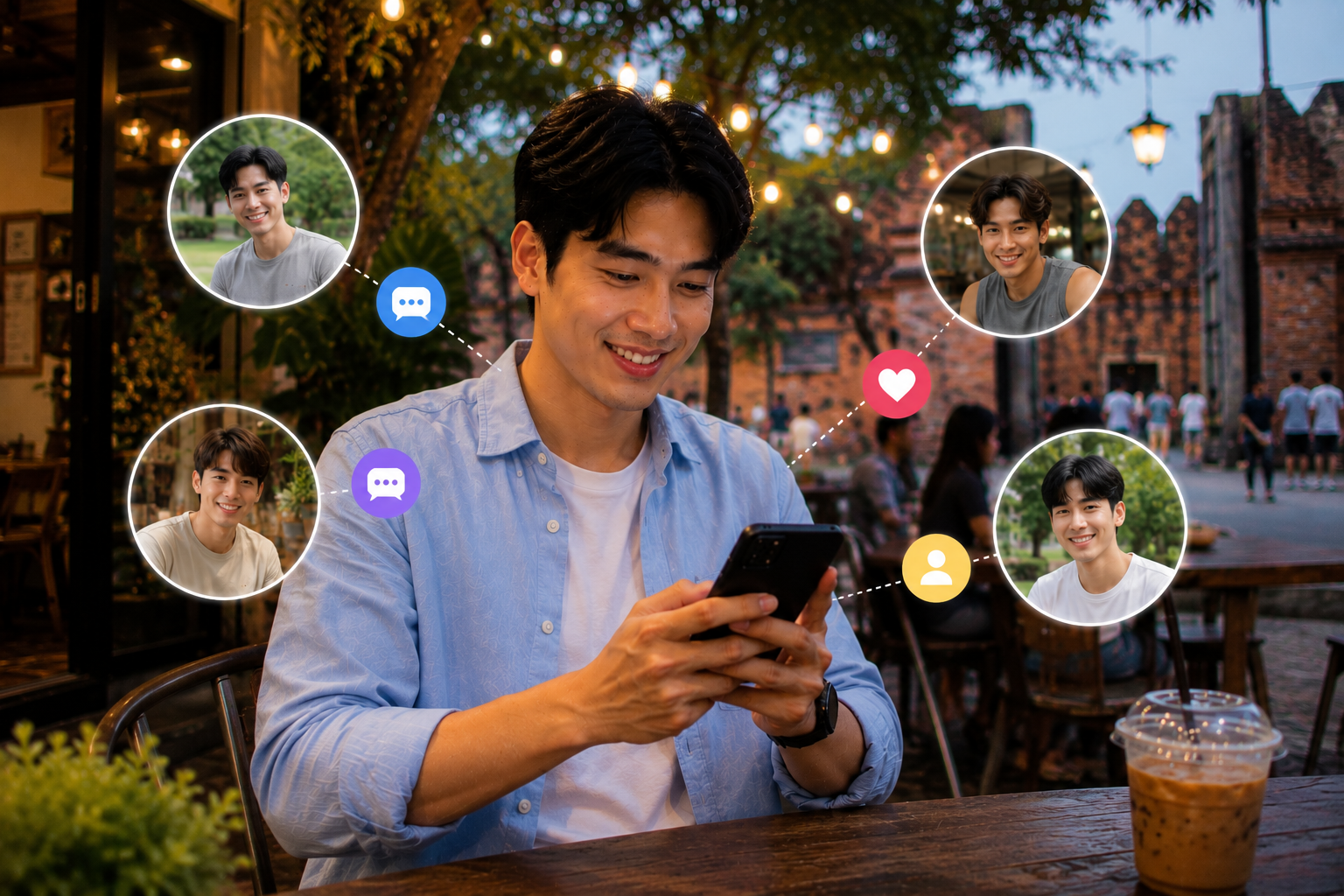 ชายหนุ่มกำลังใช้งานสมาร์ตโฟนในคาเฟ่บรรยากาศอบอุ่น รายล้อมด้วยโปรไฟล์ผู้คนและสัญลักษณ์การสนทนา สื่อถึงการหาเพื่อนใหม่และการแชทออนไลน์.