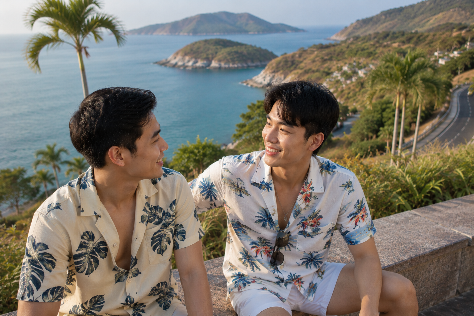 ชายหนุ่มสองคนสวมเสื้อสไตล์ริมทะเลกำลังนั่งพูดคุยและยิ้มให้กันบนจุดชมวิวชายฝั่งภูเก็ต โดยมีทะเลสีฟ้า เกาะ และทิวทัศน์ธรรมชาติอันโดดเด่นเป็นฉากหลัง สื่อถึงการสร้างมิตรภาพและความสัมพันธ์ใหม่ในบรรยากาศผ่อนคลายของภูเก็ต.