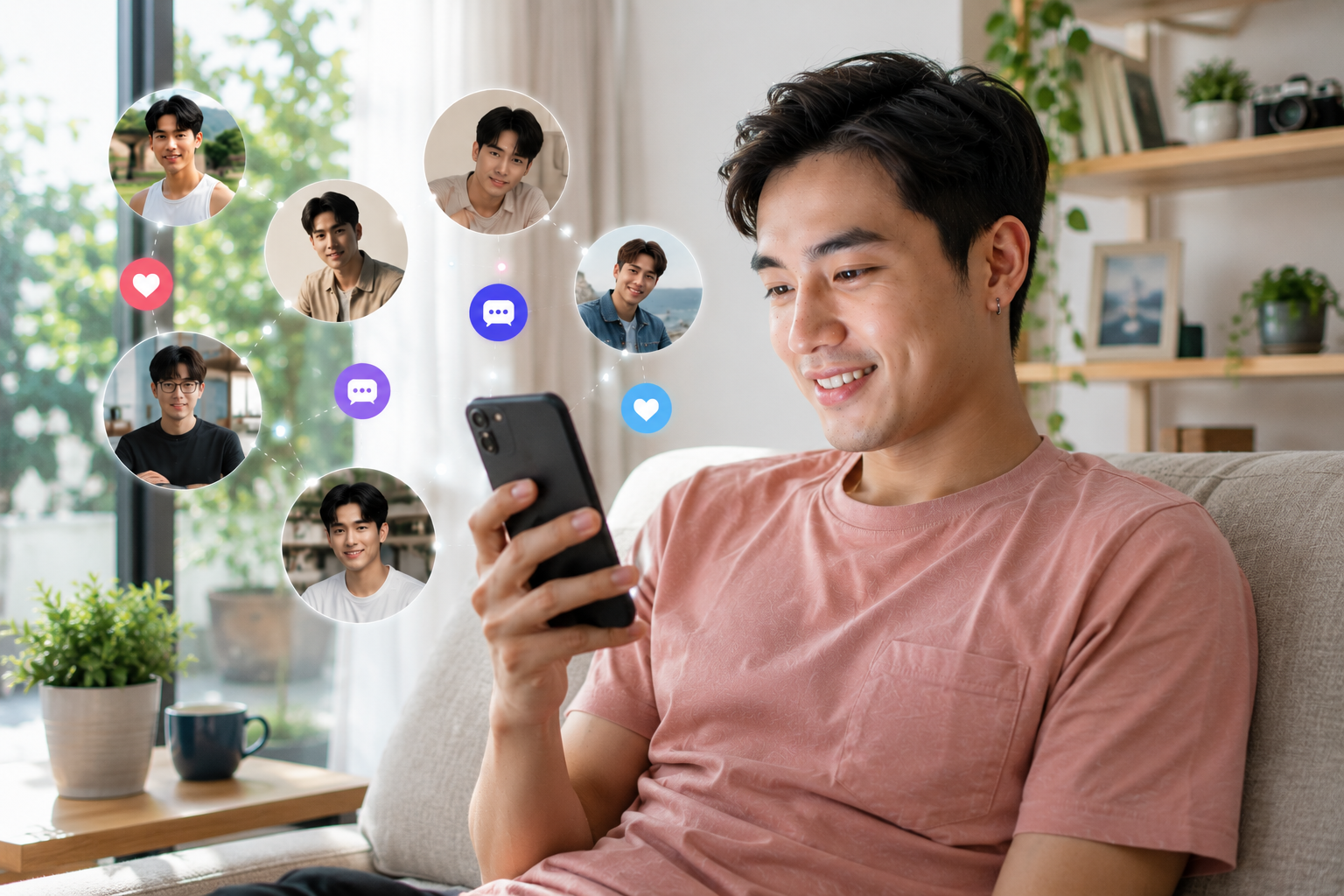 ชายหนุ่มกำลังใช้งานสมาร์ตโฟนในห้องนั่งเล่นสว่างช่วงกลางวัน รายล้อมด้วยโปรไฟล์ผู้คนและสัญลักษณ์การสนทนา สื่อถึงการหาเพื่อนใหม่และการเชื่อมต่อผ่านชุมชนออนไลน์