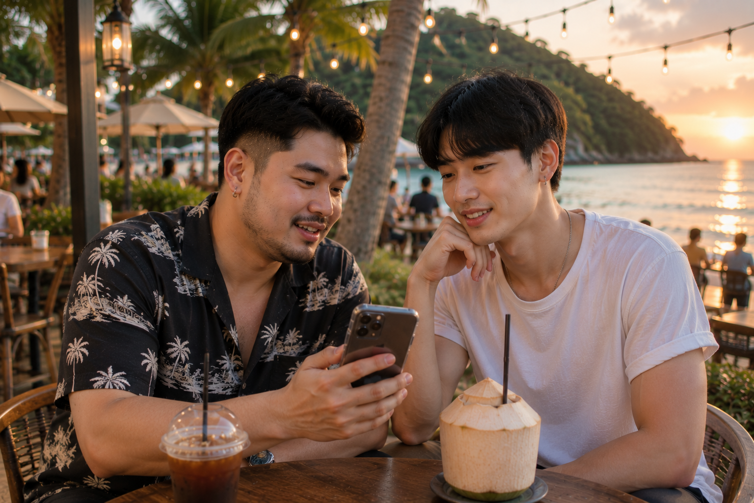ชายหนุ่มสองคนที่มีบุคลิกแตกต่างกันกำลังนั่งดูสมาร์ตโฟนและพูดคุยกันอย่างเป็นกันเองในคาเฟ่ริมทะเลภูเก็ตช่วงพระอาทิตย์ตก ท่ามกลางบรรยากาศผ่อนคลาย ต้นปาล์ม และวิวชายหาด สื่อถึงการทำความรู้จักเพื่อนใหม่ผ่านโลกออนไลน์