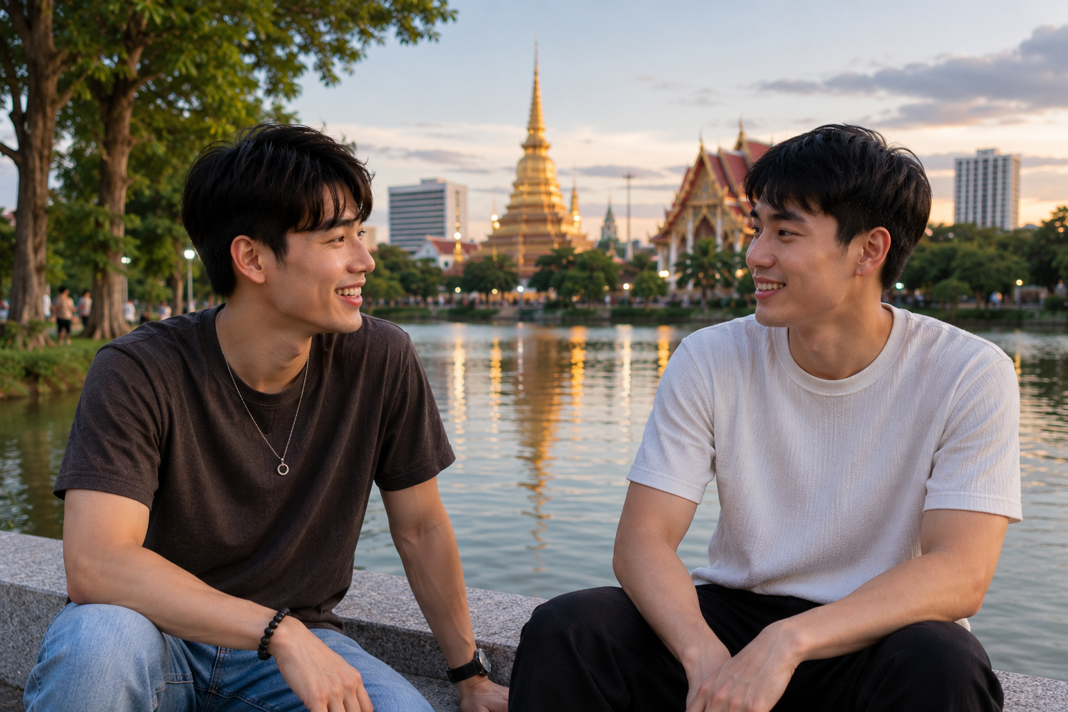 ชายหนุ่มสองคนกำลังนั่งพูดคุยและยิ้มให้กันริมบึงกลางเมืองขอนแก่น โดยมีวัดและสถาปัตยกรรมสำคัญของจังหวัดเป็นฉากหลัง สื่อถึงการทำความรู้จักเพื่อนใหม่และการสร้างความสัมพันธ์อย่างเป็นธรรมชาติในบรรยากาศที่อบอุ่นและเป็นมิตร