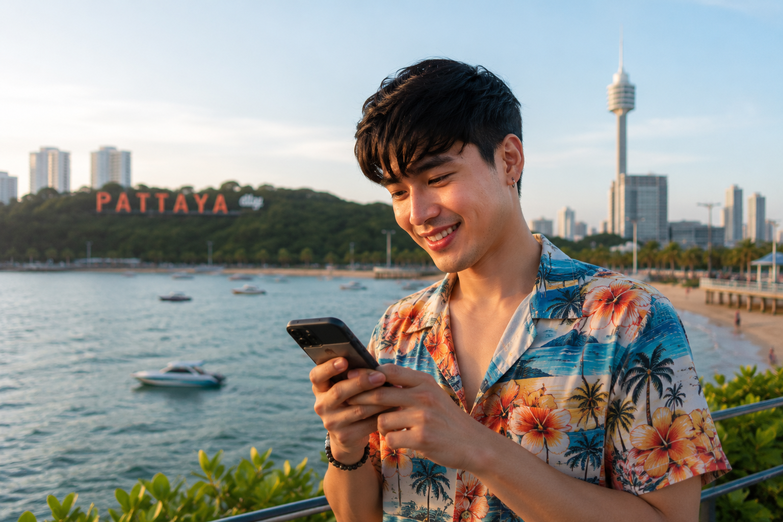 ชายหนุ่มสวมเสื้อสไตล์ริมทะเลสีสันสดใสกำลังใช้งานสมาร์ตโฟนริมชายหาดพัทยา โดยมีวิวทะเล เมืองพัทยา และสถานที่ท่องเที่ยวสำคัญเป็นฉากหลัง สื่อถึงการหาเพื่อนใหม่และสร้างความสัมพันธ์ผ่านโลกออนไลน์อย่างเป็นธรรมชาติ.