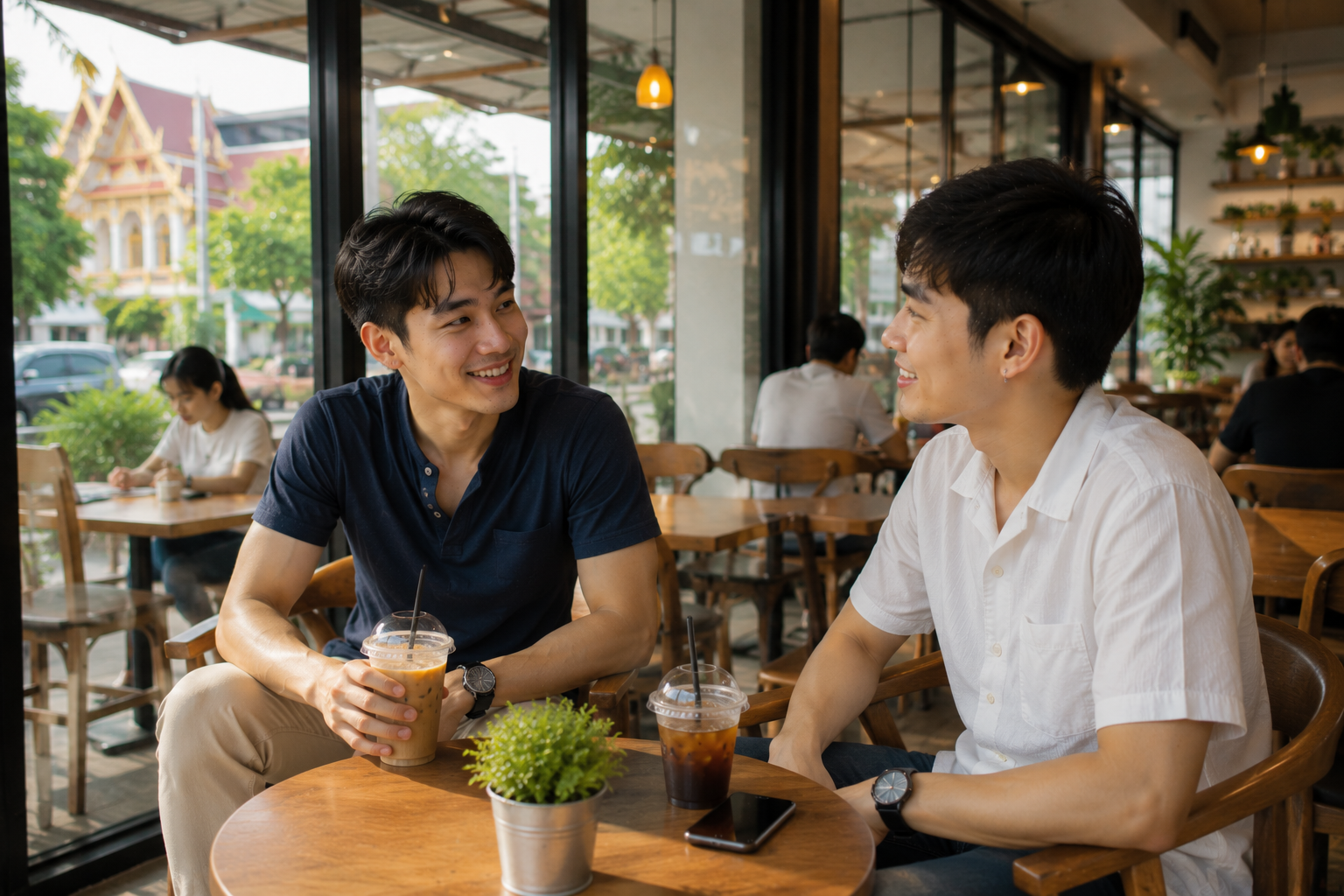 ชายหนุ่มสองคนกำลังนั่งพูดคุยและยิ้มให้กันในคาเฟ่บรรยากาศอบอุ่นช่วงกลางวัน สื่อถึงการนัดพบครั้งแรกอย่างปลอดภัย สบายใจ และเป็นกันเองในพื้นที่สาธารณะ.