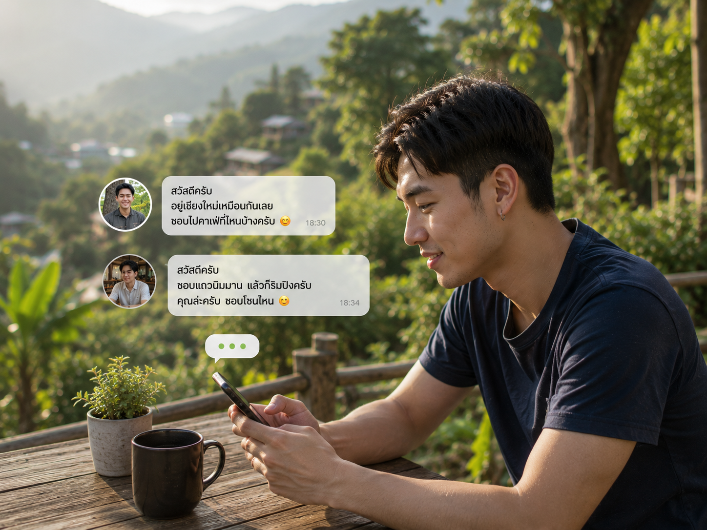 ชายหนุ่มกำลังใช้งานสมาร์ตโฟนบนระเบียงคาเฟ่ท่ามกลางวิวภูเขาและธรรมชาติเชียงใหม่ โดยมีสัญลักษณ์โปรไฟล์และการสนทนาออนไลน์ลอยอยู่รอบ ๆ สื่อถึงการหาเพื่อนใหม่และความสัมพันธ์ผ่านโลกออนไลน์ในบรรยากาศผ่อนคลาย.