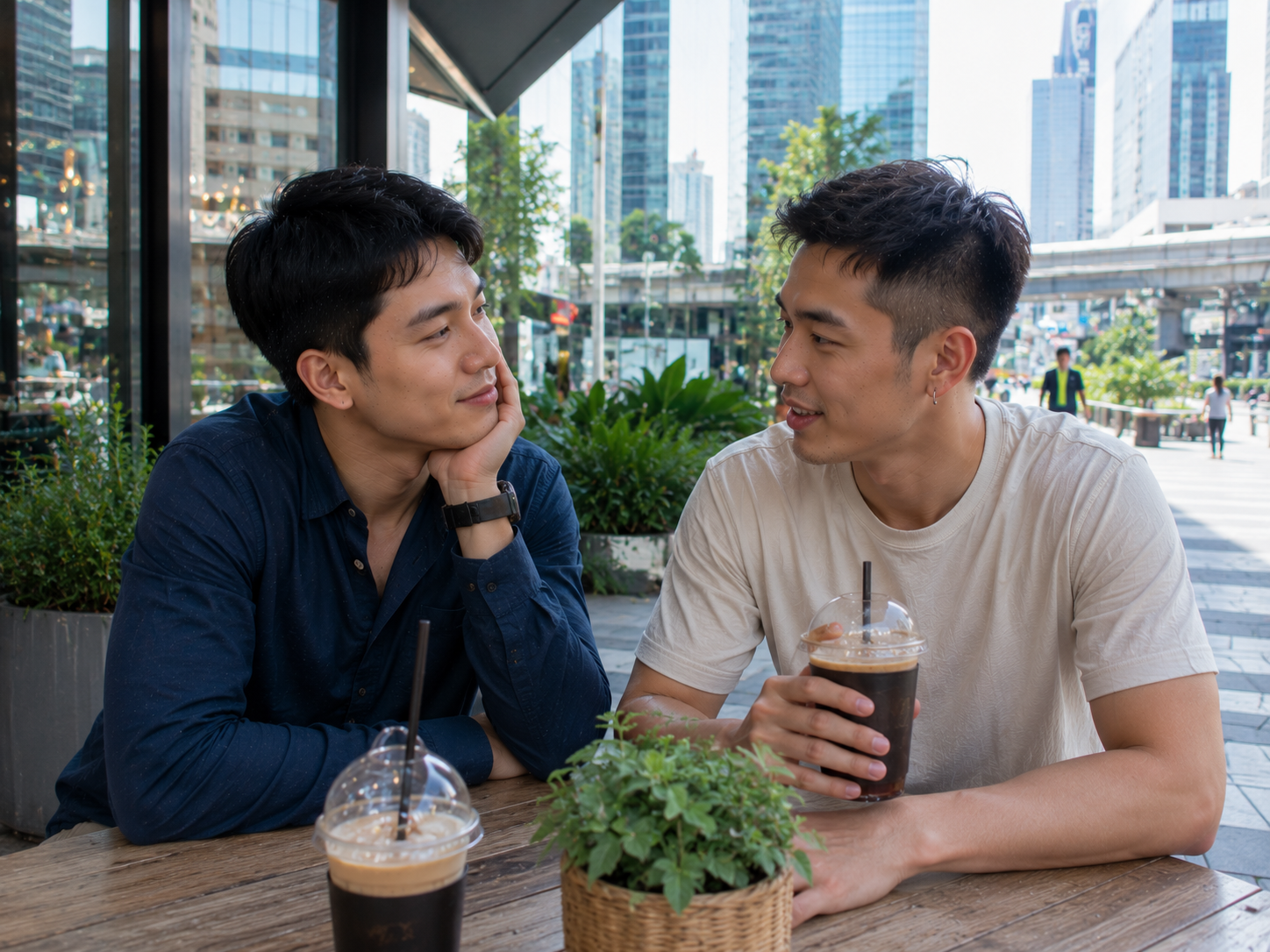 ชายหนุ่มสองคนที่มีบุคลิกแตกต่างกันกำลังนั่งพูดคุยกันอย่างเป็นกันเองในคาเฟ่กลางกรุงเทพฯ ท่ามกลางบรรยากาศเมืองสมัยใหม่และตึกสูง สื่อถึงการเริ่มต้นความสัมพันธ์และการทำความรู้จักกันอย่างจริงใจในเมืองใหญ่