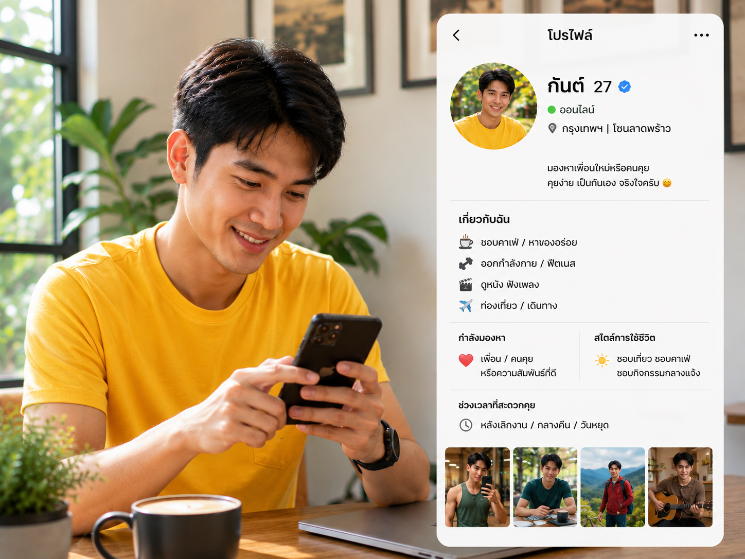 ชายหนุ่มสวมเสื้อสีเหลืองสดใสนั่งใช้งานสมาร์ตโฟนในคาเฟ่บรรยากาศสว่างช่วงกลางวัน โดยมีหน้าต่างขนาดใหญ่และต้นไม้เป็นฉากหลัง พร้อมโปรไฟล์ออนไลน์ที่แสดงงานอดิเรกและไลฟ์สไตล์หลากหลาย สื่อถึงการสร้างโปรไฟล์ที่น่าสนใจเพื่อหาเพื่อนใหม่และความสัมพันธ์ผ่านโลกออนไลน์