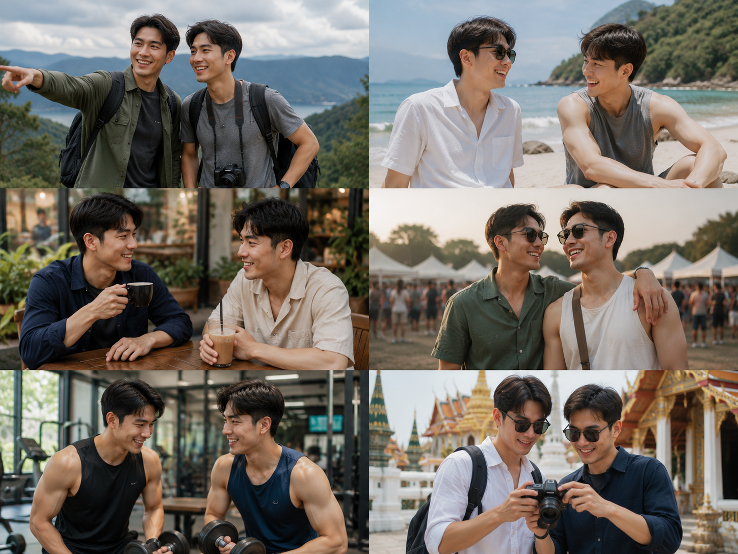 ภาพคอลลาจของชายหนุ่มหลายคู่กำลังทำกิจกรรมร่วมกัน เช่น เดินป่า เที่ยวทะเล นั่งคาเฟ่ ออกกำลังกาย และท่องเที่ยวในสถานที่สำคัญ สื่อถึงการหาเพื่อนใหม่สำหรับท่องเที่ยว ทำกิจกรรม และสร้างมิตรภาพในชุมชนเกย์ไทย.