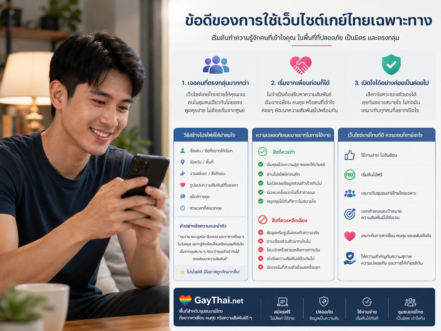 ชายหนุ่มกำลังใช้งานสมาร์ตโฟนอย่างมีความสุขในบรรยากาศบ้านที่อบอุ่น ข้างกันเป็นอินโฟกราฟิกเกี่ยวกับข้อดีของเว็บไซต์เกย์ไทยเฉพาะทาง แสดงหัวข้อด้านการหาเพื่อน การสร้างโปรไฟล์ ความปลอดภัย และการเริ่มต้นความสัมพันธ์ในชุมชนออนไลน์ที่เป็นมิตรและใช้งานง่าย.