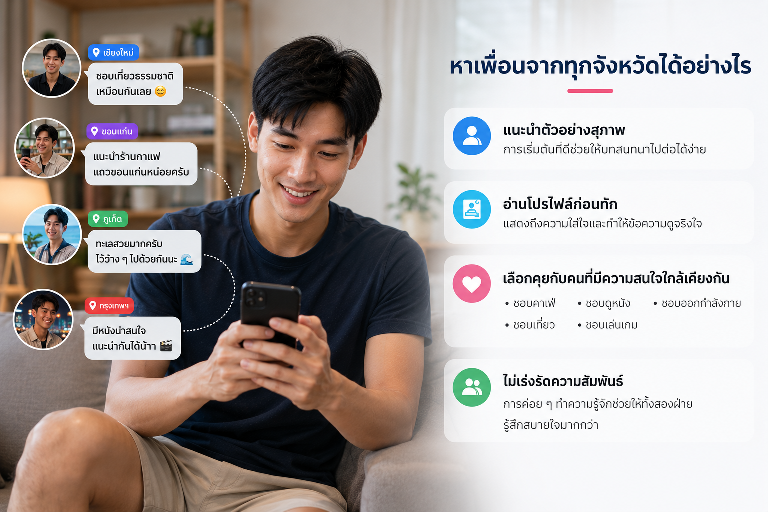 ชายหนุ่มกำลังยิ้มและใช้งานสมาร์ตโฟนบนโซฟาในห้องนั่งเล่นบรรยากาศสว่างสบายตา โดยมีโปรไฟล์ผู้ชายจากหลายจังหวัดของประเทศไทยปรากฏอยู่ด้านข้าง พร้อมข้อมูลเกี่ยวกับการเริ่มต้นบทสนทนา การเลือกคุยกับคนที่มีความสนใจใกล้เคียงกัน และการสร้างมิตรภาพออนไลน์อย่างเป็นธรรมชาติ.