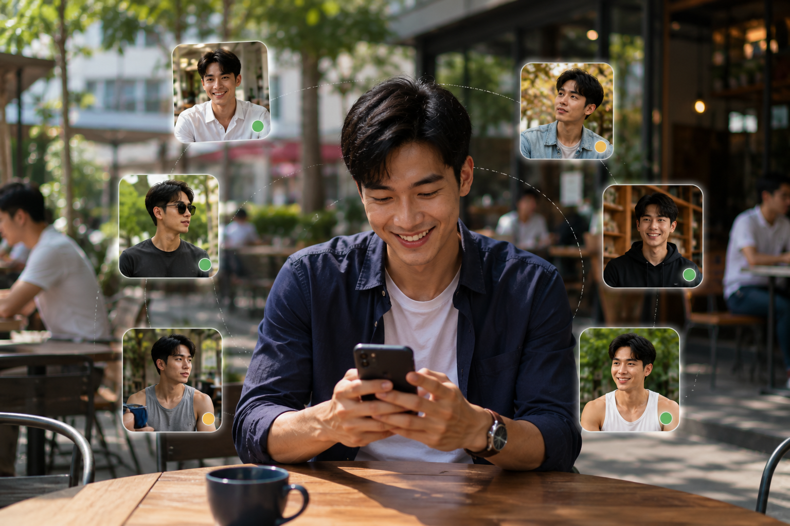 ชายหนุ่มกำลังใช้งานสมาร์ตโฟนในคาเฟ่บรรยากาศสดใสช่วงกลางวัน พร้อมโปรไฟล์ผู้ชายหลากหลายบุคลิกจากพื้นที่ใกล้เคียงปรากฏอยู่รอบตัว สื่อถึงการหาเพื่อนใหม่ คนคุย และสร้างความสัมพันธ์ผ่านชุมชนเกย์ไทยออนไลน์อย่างเป็นธรรมชาติ