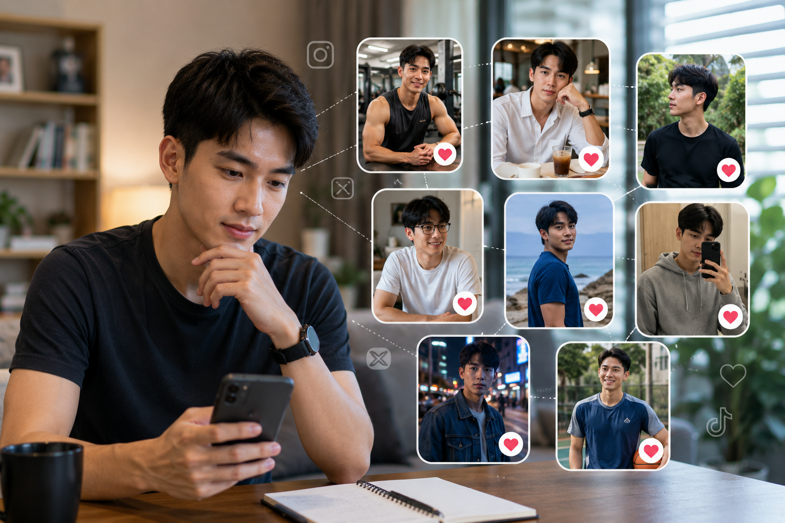 ชายหนุ่มกำลังดูโปรไฟล์ผู้ชายหลากหลายบุคลิกผ่านสมาร์ตโฟนในบรรยากาศสบาย ๆ ภายในบ้าน สื่อถึงการทำความรู้จักผู้คนใหม่ผ่านโลกออนไลน์ โดยไม่ตัดสินตัวตนหรือรสนิยมทางเพศจากรูปลักษณ์ภายนอกเพียงอย่างเดียว.