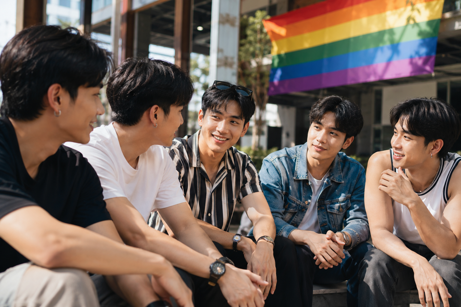 ชายหนุ่มหลายคนกำลังนั่งพูดคุยและทำความรู้จักกันในบรรยากาศเป็นกันเองกลางวัน โดยมีธงสีรุ้งอยู่ด้านหลัง สื่อถึงความหลากหลายทางเพศ การเปิดใจรับฟัง และการไม่ตัดสินผู้อื่นจากภาพลักษณ์ภายนอก
