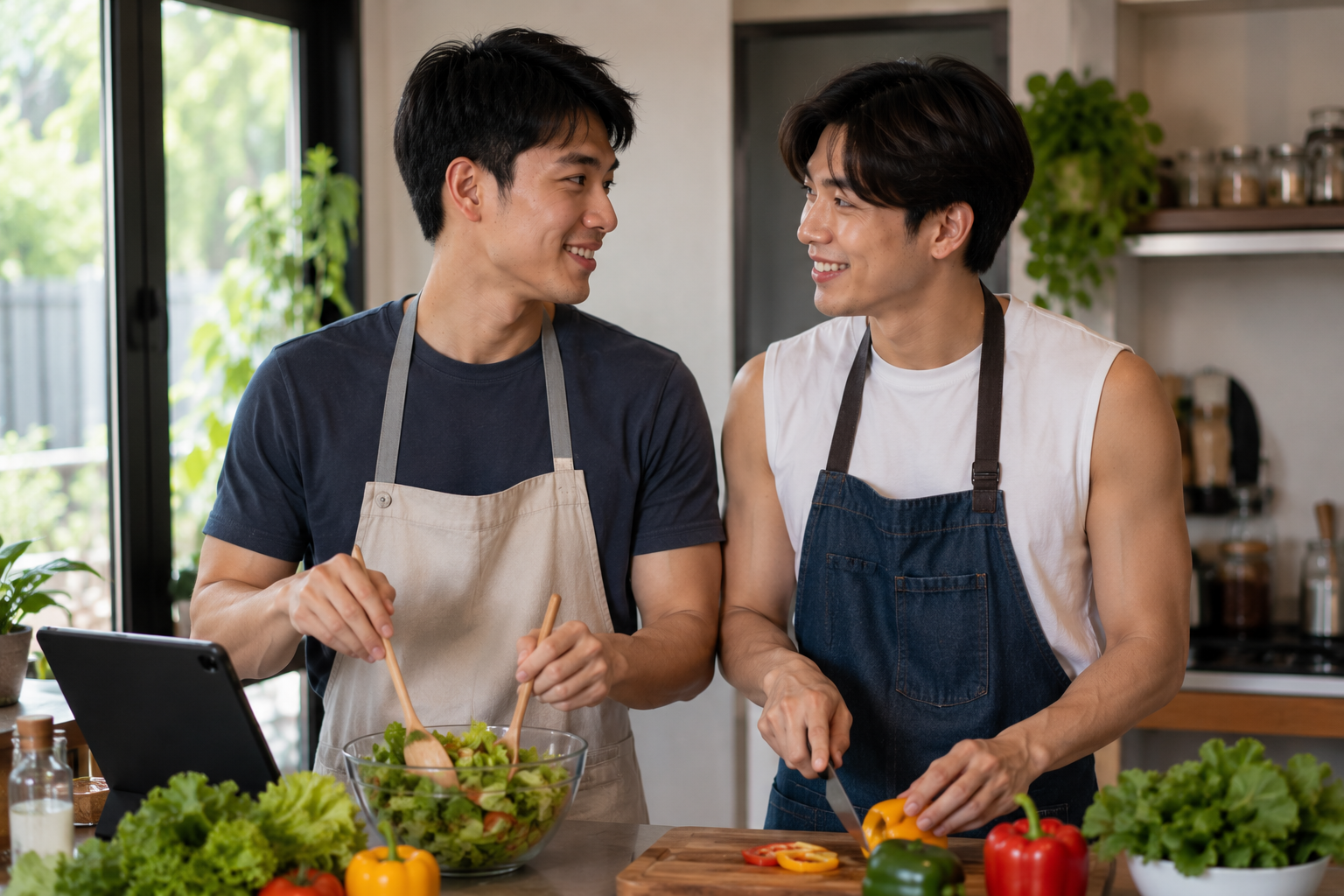 ชายหนุ่มชาวไทยสองคนที่มีหน้าตาและบุคลิกแตกต่างกันกำลังช่วยกันทำอาหารในครัวสมัยใหม่ช่วงกลางวัน ทั้งคู่ยิ้มและพูดคุยกันอย่างเป็นธรรมชาติ ท่ามกลางวัตถุดิบสดใหม่และบรรยากาศอบอุ่น สื่อถึงมิตรภาพ ความจริงใจ และการค่อย ๆ สร้างความสัมพันธ์ที่มั่นคงผ่านกิจกรรมร่วมกัน