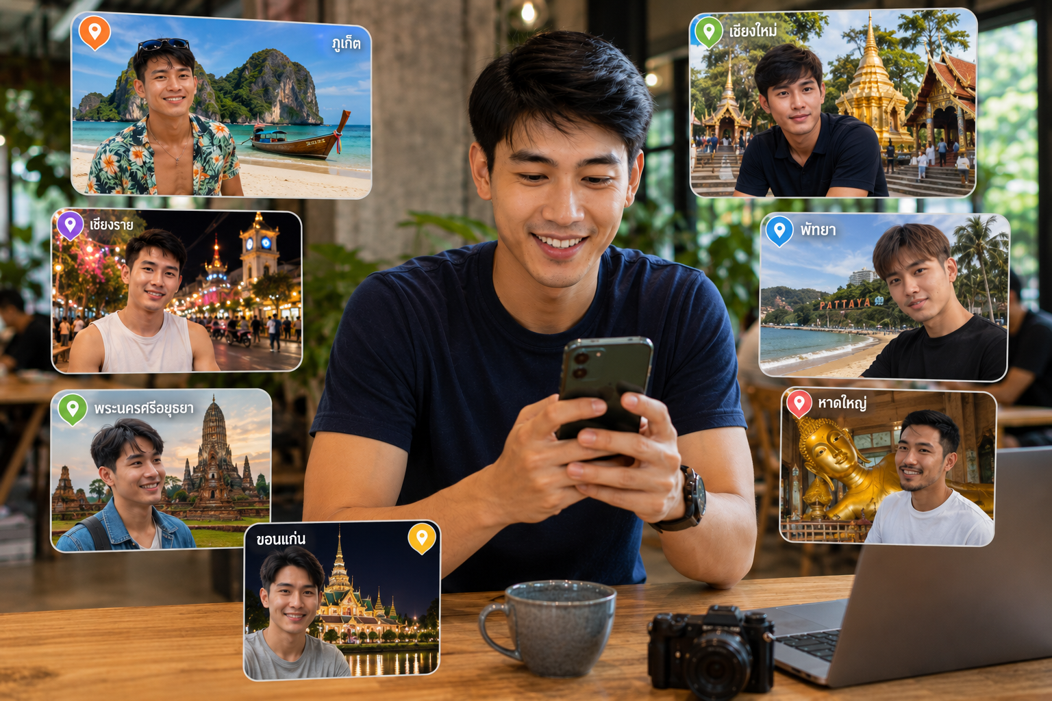 ชายหนุ่มกำลังใช้งานสมาร์ตโฟนในบรรยากาศสบาย ๆ ช่วงกลางวัน พร้อมโปรไฟล์ผู้ชายหลากหลายบุคลิกจากหลายจังหวัดทั่วประเทศไทยปรากฏอยู่รอบตัว สื่อถึงการแชท หาเพื่อนใหม่ และสร้างมิตรภาพผ่านชุมชนเกย์ไทยออนไลน์ที่เชื่อมโยงผู้คนจากทั่วประเทศเข้าด้วยกัน
