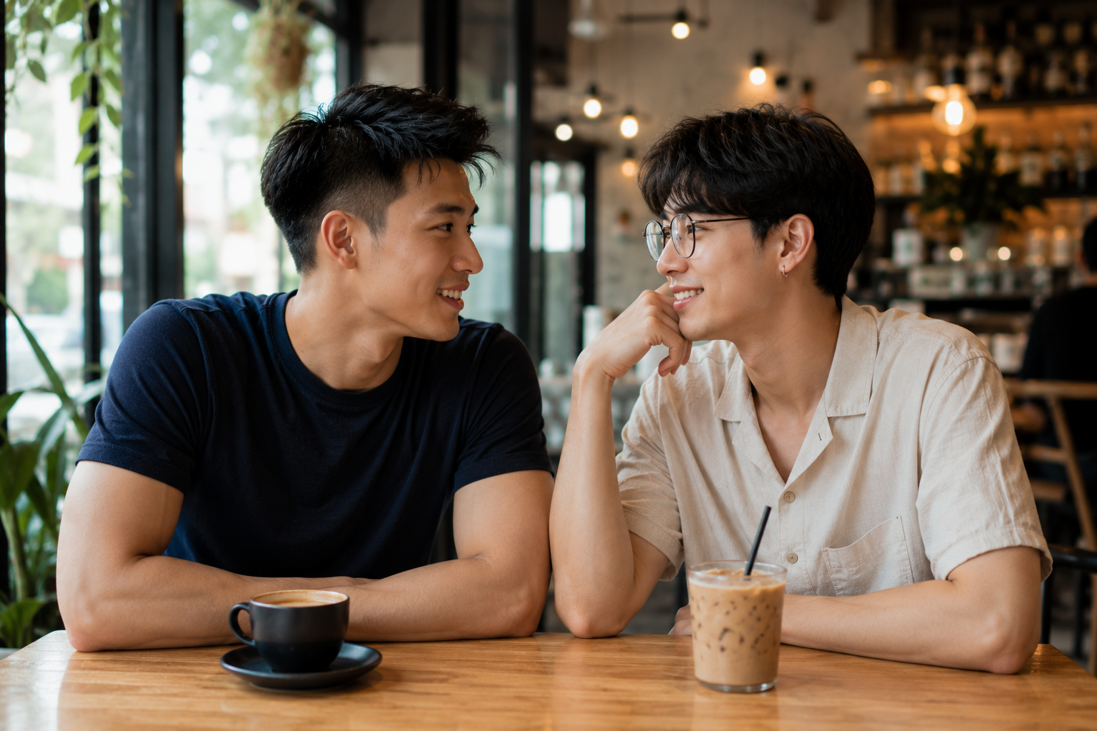ชายหนุ่มสองคนกำลังนั่งพูดคุยและยิ้มให้กันในคาเฟ่บรรยากาศอบอุ่น พร้อมเครื่องดื่มบนโต๊ะช่วงกลางวัน สื่อถึงการเริ่มต้นมิตรภาพ ความจริงใจ และการทำความรู้จักกันอย่างเป็นธรรมชาติในชุมชนเกย์ไทย