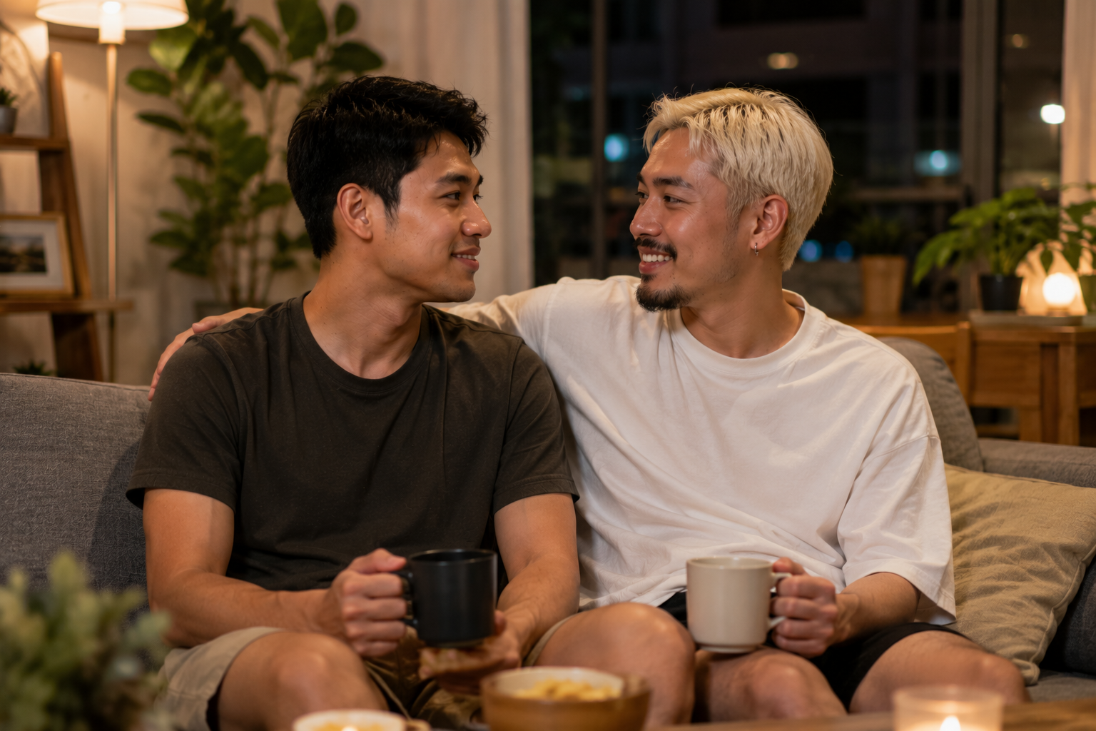ชายหนุ่มชาวไทยสองคนที่มีบุคลิกและหน้าตาแตกต่างกันกำลังพูดคุยกันอย่างเป็นกันเองในคาเฟ่บรรยากาศอบอุ่นช่วงกลางวัน แสดงถึงการเริ่มต้นมิตรภาพและความสัมพันธ์ใหม่ผ่านชุมชนออนไลน์ด้วยความจริงใจและความสบายใจ