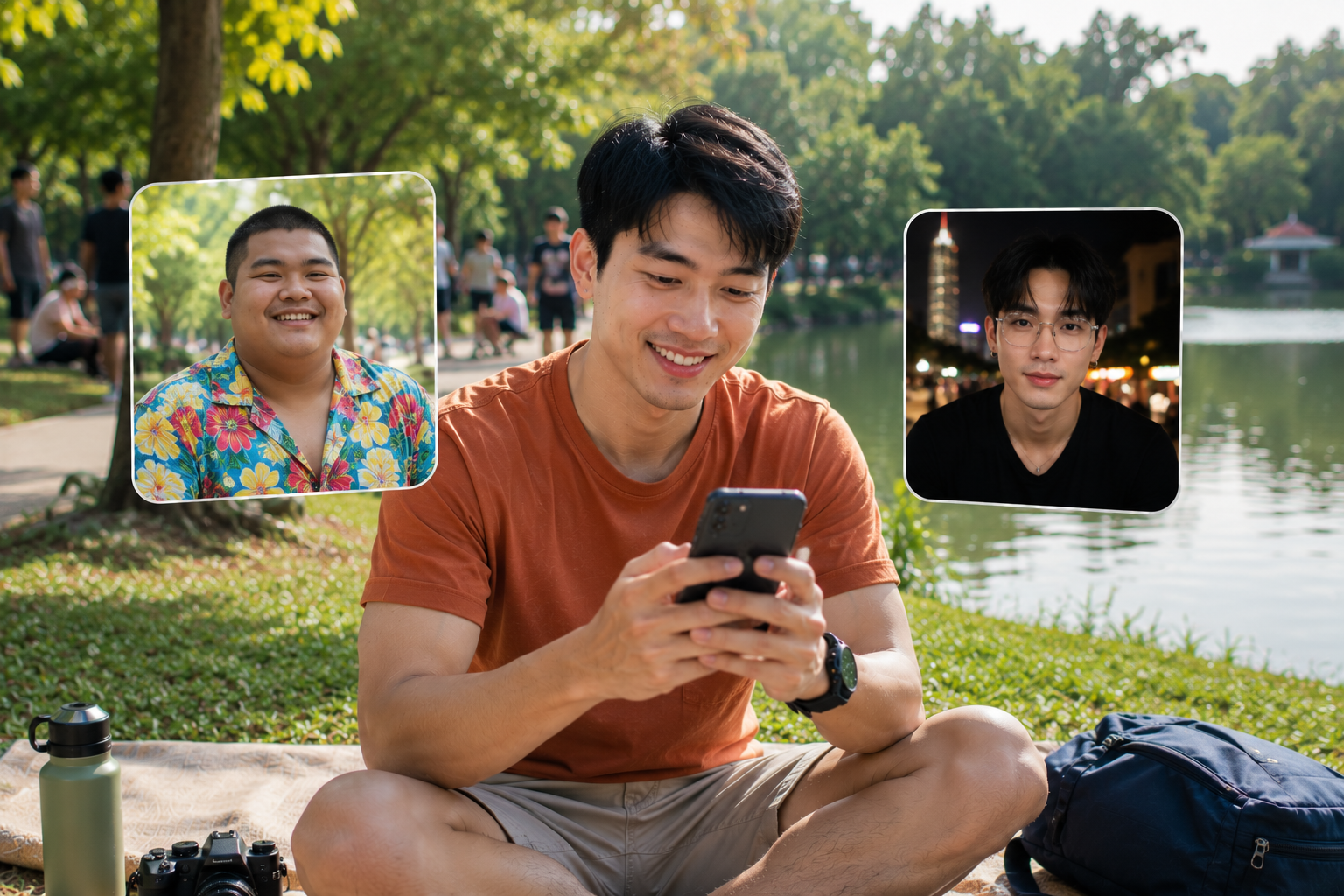 ชายหนุ่มกำลังนั่งพักผ่อนในสวนสาธารณะบรรยากาศสบาย ๆ ริมทะเลสาบช่วงกลางวัน พร้อมใช้งานสมาร์ตโฟนและมีโปรไฟล์ผู้ชายสองคนจากต่างพื้นที่ปรากฏอยู่รอบตัว สื่อถึงการหาเพื่อนใหม่และสร้างมิตรภาพผ่านชุมชนเกย์ไทยออนไลน์อย่างเป็นธรรมชาติ