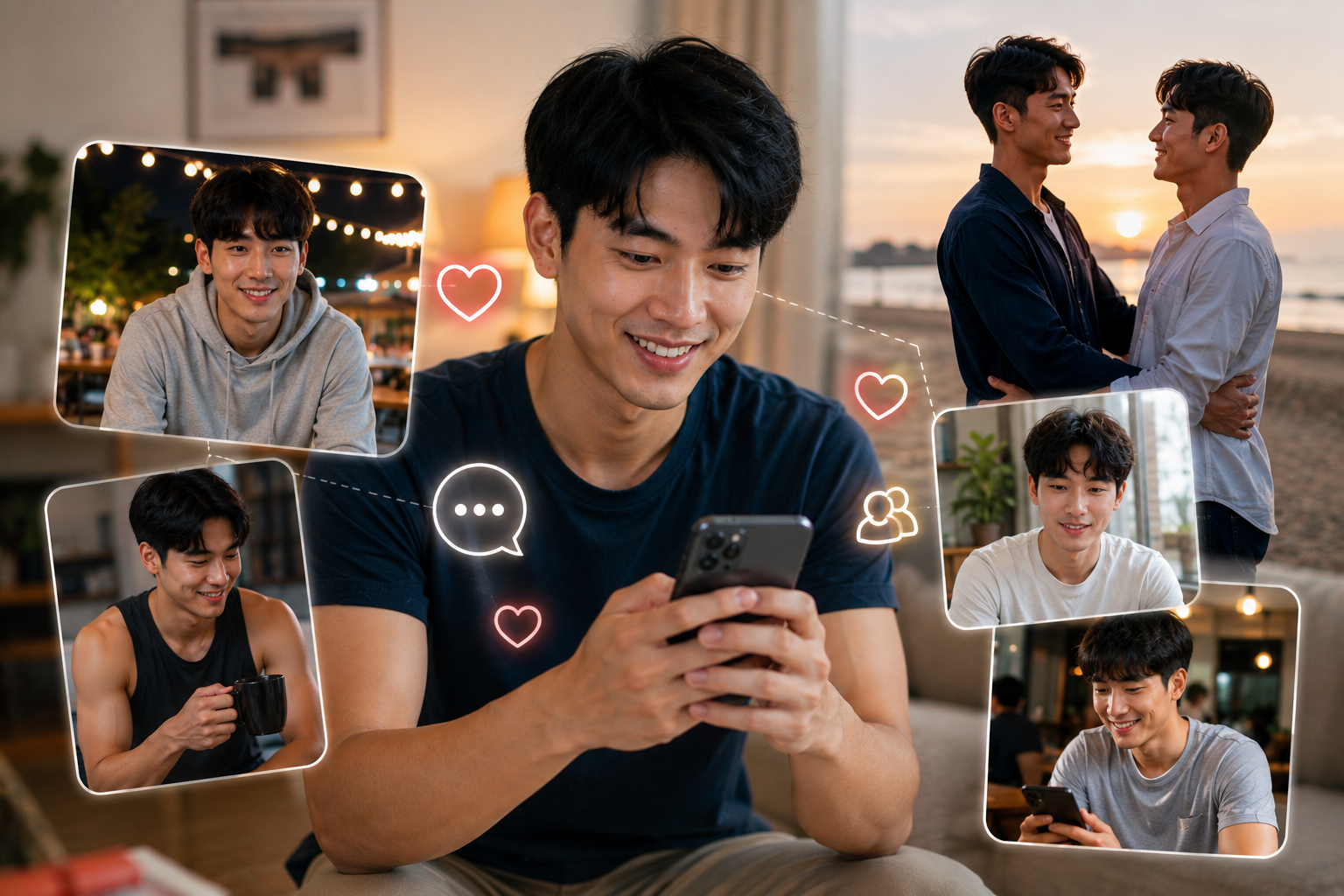 ชายหนุ่มกำลังใช้สมาร์ตโฟนเพื่อพูดคุยและทำความรู้จักผู้คนออนไลน์ โดยมีโปรไฟล์ผู้ชายหลากหลายบุคลิกและไลฟ์สไตล์ปรากฏอยู่รอบตัว สื่อถึงการหาเพื่อน คนคุย และความรักผ่านชุมชนเกย์ไทยออนไลน์อย่างเป็นธรรมชาติ