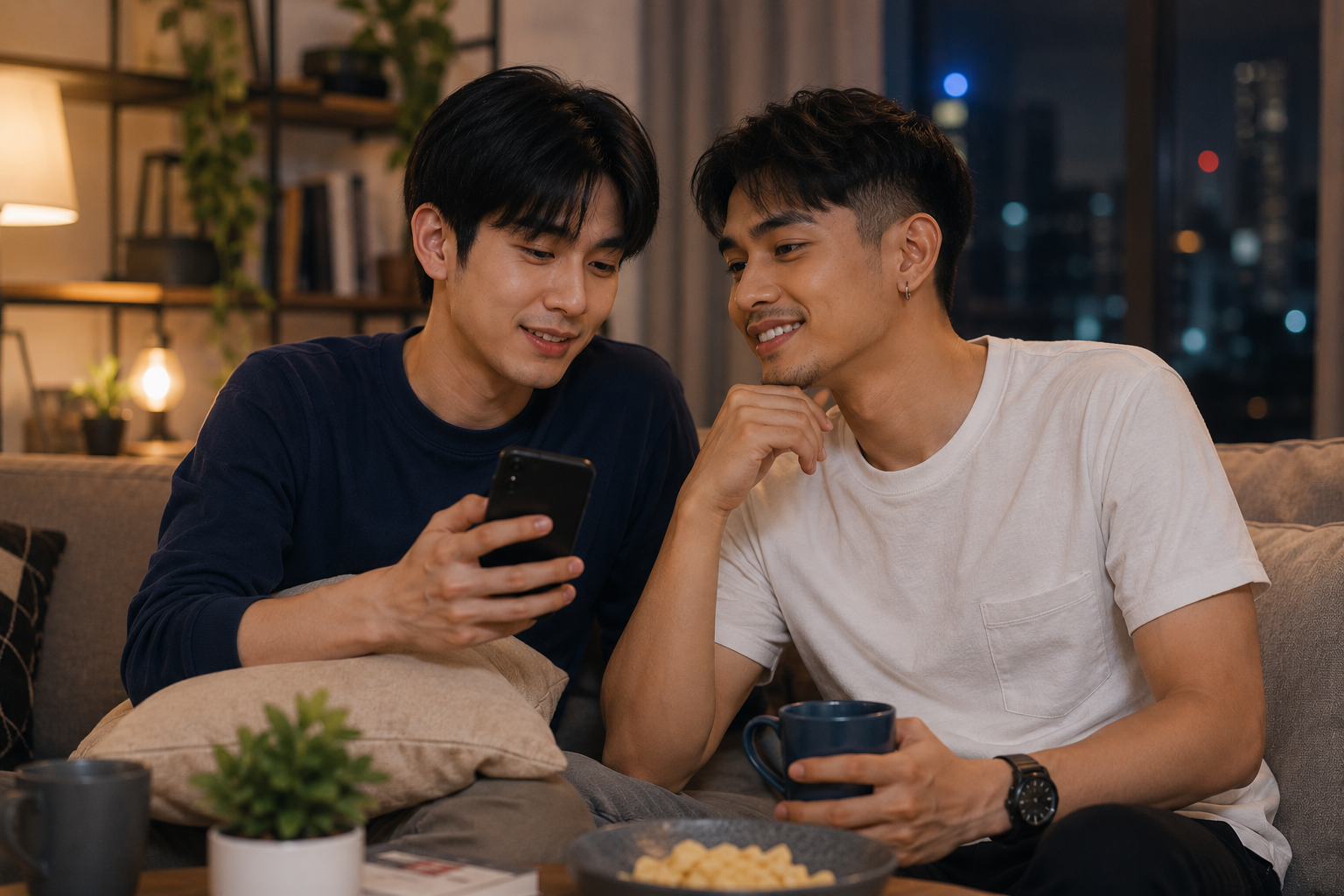 ชายหนุ่มชาวเอเชียสองคนนั่งอยู่บนโซฟาในห้องนั่งเล่นบรรยากาศอบอุ่นช่วงกลางคืน กำลังดูโทรศัพท์มือถือร่วมกันและยิ้มให้กันอย่างเป็นธรรมชาติ ภายในห้องตกแต่งด้วยโคมไฟ แสงไฟเมืองนอกหน้าต่าง และต้นไม้ประดับ สื่อถึงการทำความรู้จักกันผ่านโลกออนไลน์และการสร้างความสัมพันธ์ในชุมชนเกย์ไทย