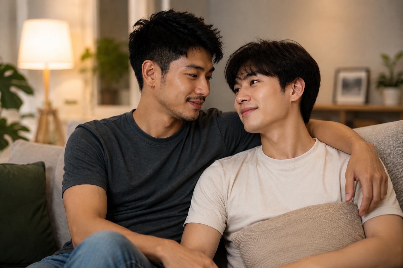 เกย์หนุ่มสองคนนั่งพูดคุยกันอย่างสบายใจในบรรยากาศเป็นกันเอง สะท้อนการค้นหาความสัมพันธ์ที่เข้าใจตัวตนและไลฟ์สไตล์ของกันและกัน
