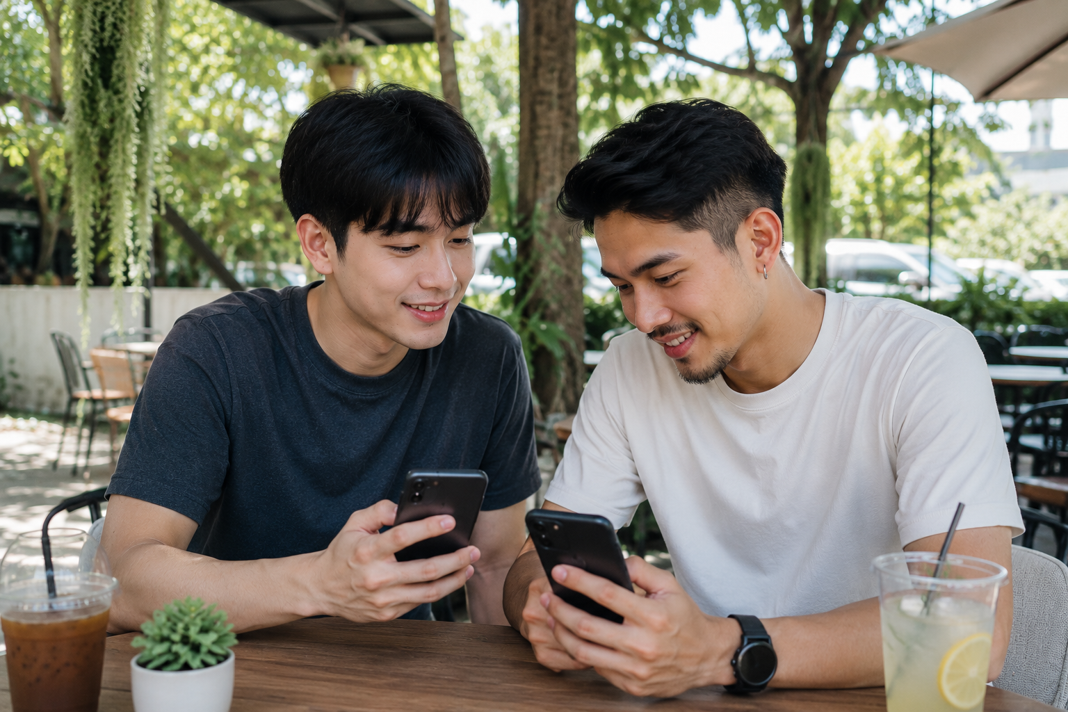 ชายหนุ่มชาวเอเชียสองคนนั่งพูดคุยกันที่คาเฟ่กลางแจ้งในช่วงเวลากลางวัน บรรยากาศร่มรื่นท่ามกลางต้นไม้และแสงธรรมชาติ ทั้งคู่กำลังถือสมาร์ตโฟนและยิ้มให้กันอย่างเป็นกันเอง สื่อถึงการทำความรู้จักเพื่อนใหม่ผ่านออนไลน์จากความสนใจที่คล้ายกัน