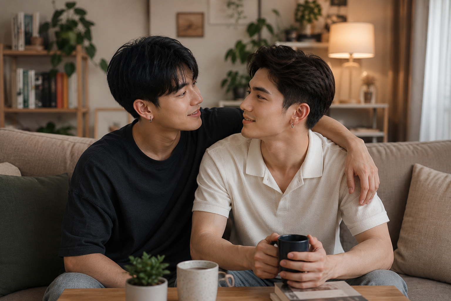 ชายหนุ่มชาวเอเชียสองคนนั่งอยู่บนโซฟาในห้องนั่งเล่นบรรยากาศอบอุ่น มองตากันด้วยรอยยิ้มอย่างเป็นธรรมชาติ แสดงถึงความใกล้ชิด ความเข้าใจ และความสัมพันธ์ที่สบายใจ ภายในห้องตกแต่งด้วยต้นไม้ หนังสือ และแสงไฟโทนอุ่น ให้ความรู้สึกอบอุ่นและเป็นกันเอง