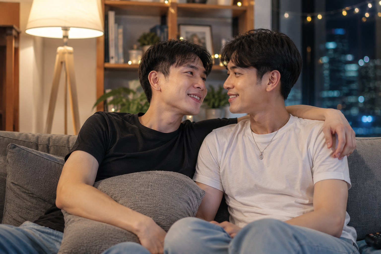 ชายหนุ่มชาวเอเชียสองคนนั่งอยู่บนโซฟาในบรรยากาศอบอุ่นภายในบ้านช่วงค่ำ กำลังมองตาและยิ้มให้กันอย่างเป็นธรรมชาติ สื่อถึงการเริ่มต้นความสัมพันธ์ที่จริงใจ การทำความรู้จักกันอย่างค่อยเป็นค่อยไป และการสร้างความผูกพันสำหรับเกย์โสดวัย 20-30 ปี