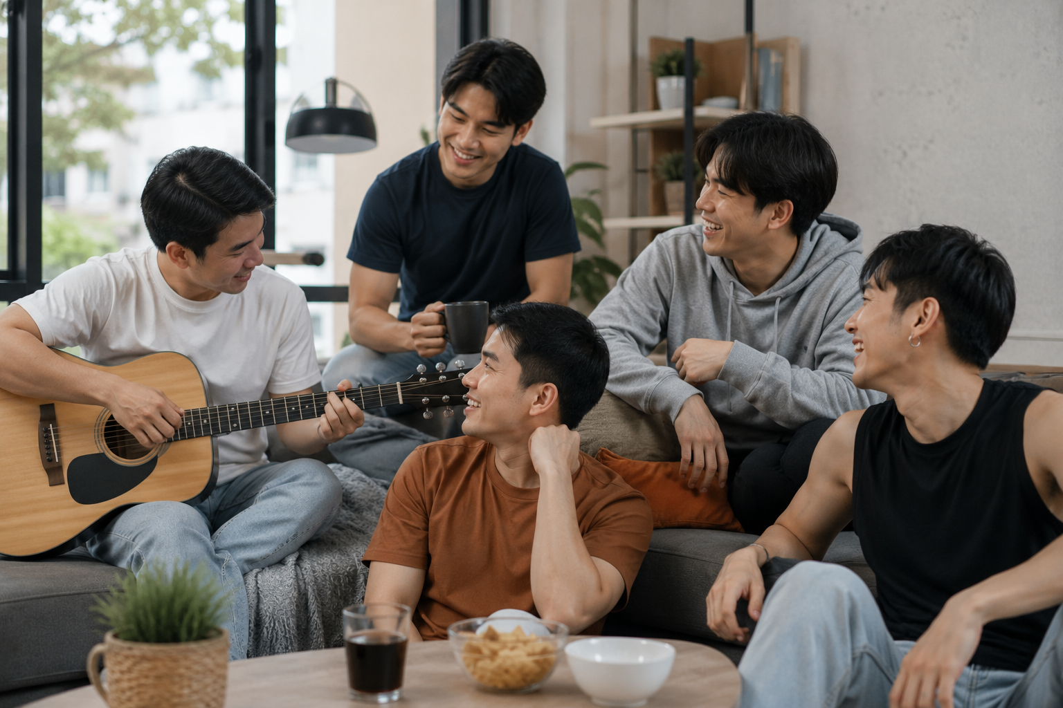 กลุ่มชายหนุ่มชาวเอเชียวัย 20-30 ปีนั่งพูดคุยและใช้เวลาร่วมกันอย่างสนุกสนานภายในห้องนั่งเล่นบรรยากาศอบอุ่น บางคนกำลังเล่นกีตาร์ ขณะที่คนอื่นกำลังหัวเราะและสนทนากันอย่างเป็นกันเอง สื่อถึงการสร้างมิตรภาพใหม่ การหาเพื่อน และการเชื่อมต่อกับผู้คนที่มีไลฟ์สไตล์ใกล้เคียงกันในชุมชนเกย์ไทย