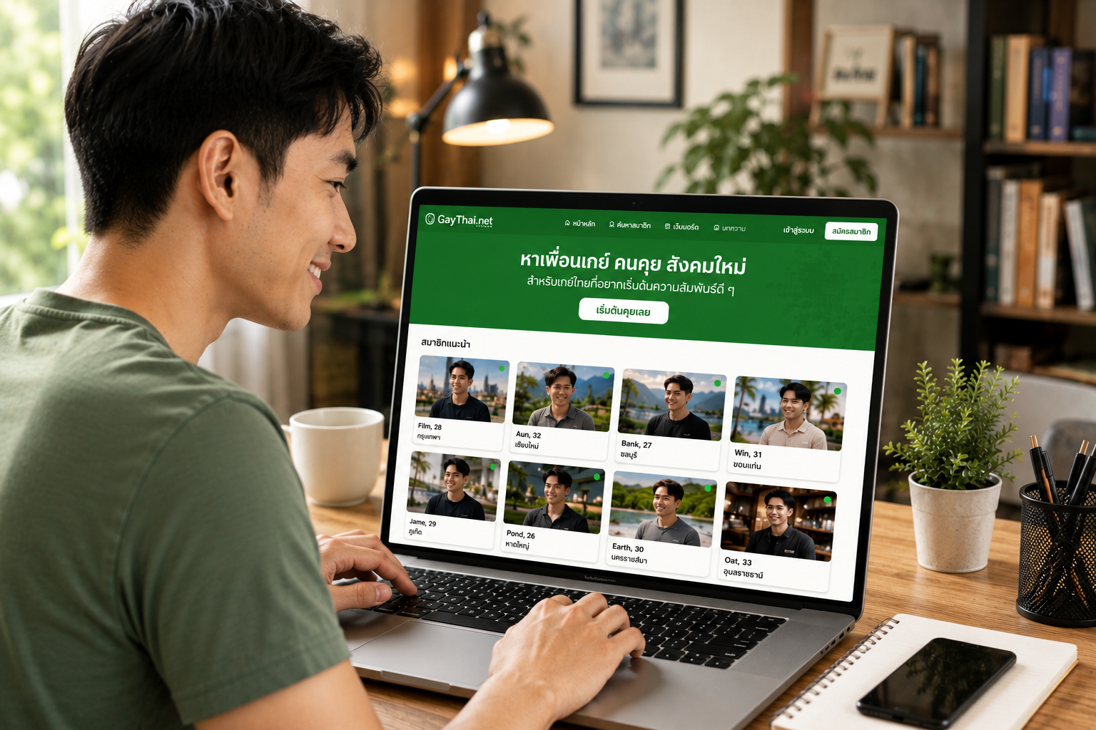 ชายหนุ่มชาวเอเชียกำลังใช้งานเว็บไซต์ GayThai.net ผ่านคอมพิวเตอร์โน้ตบุ๊กภายในห้องทำงานบรรยากาศอบอุ่นและสว่างด้วยแสงธรรมชาติ บนหน้าจอแสดงชุมชนเกย์ไทยออนไลน์สำหรับหาเพื่อน คนคุย และสร้างความสัมพันธ์ใหม่ โดยสามารถใช้งานได้ผ่านเว็บไซต์โดยไม่ต้องดาวน์โหลดแอปพลิเคชัน