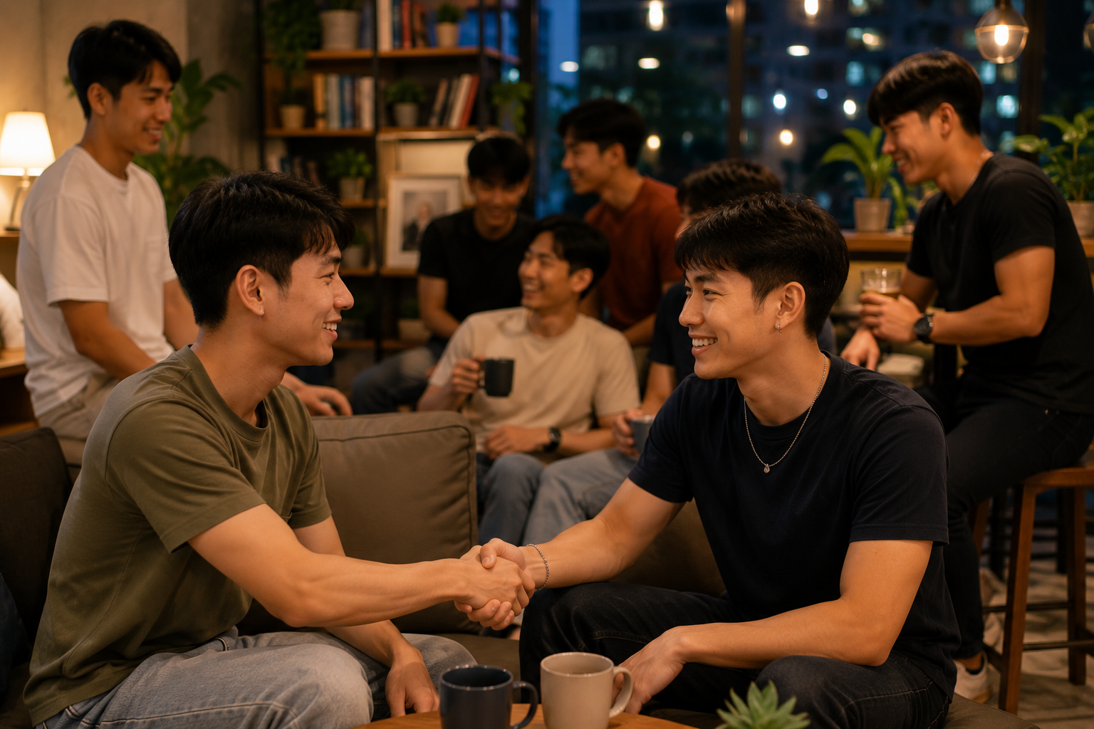 ชายหนุ่มชาวเอเชียหลายคนกำลังพบปะพูดคุยและทำความรู้จักกันในบรรยากาศที่เป็นมิตรภายในพื้นที่สังสรรค์สมัยใหม่ ทุกคนแสดงออกถึงความสุภาพ ความจริงใจ และการให้เกียรติกัน สื่อถึงชุมชนเกย์ไทยออนไลน์ที่เปิดกว้าง ปลอดภัย และเหมาะสำหรับการสร้างมิตรภาพหรือความสัมพันธ์ที่มีคุณภาพ