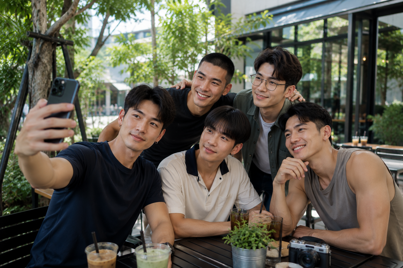 กลุ่มชายหนุ่มชาวเอเชียกำลังถ่ายภาพเซลฟีร่วมกันในคาเฟ่กลางแจ้งท่ามกลางบรรยากาศร่มรื่นและเป็นกันเอง ทุกคนมีบุคลิกและสไตล์ที่แตกต่างกัน กำลังใช้เวลาร่วมกันอย่างสนุกสนาน สื่อถึงการหาเพื่อนเกย์สำหรับเที่ยว ทำกิจกรรม และสร้างมิตรภาพใหม่ในชุมชนเกย์ไทย