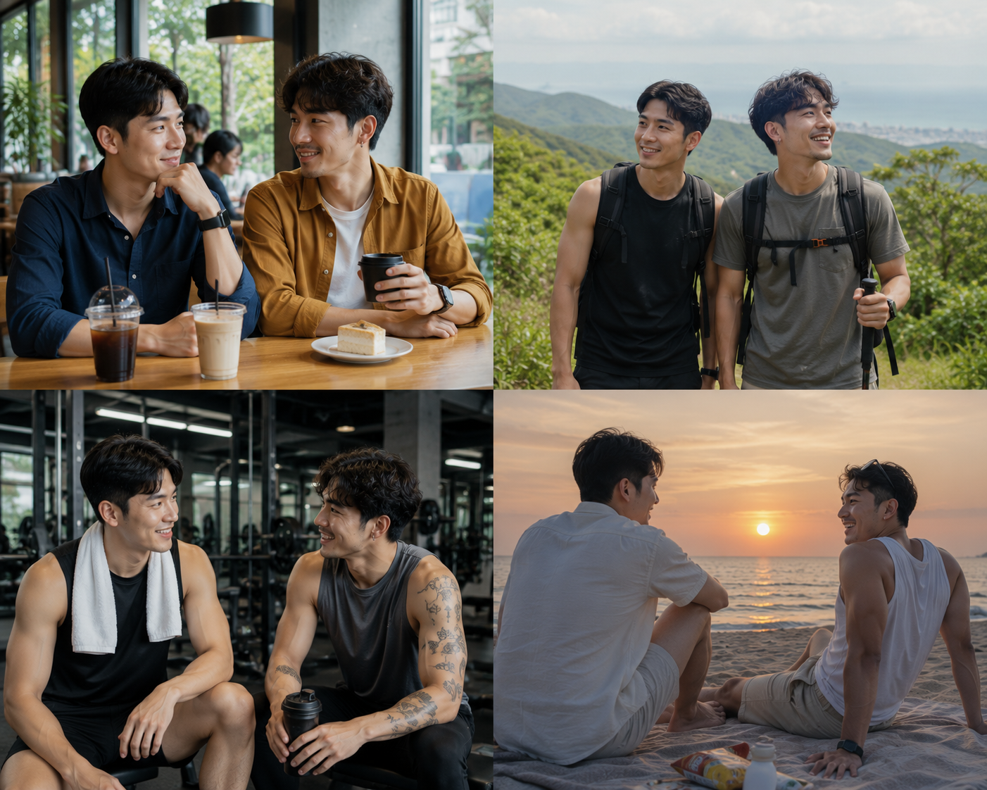 ภาพคอลลาจแบบ 4 ช่องแสดงชายหนุ่มชาวเอเชียสองคนกำลังใช้เวลาร่วมกันผ่านกิจกรรมหลากหลาย ได้แก่ นั่งคุยในคาเฟ่ เดินป่าชมธรรมชาติ ออกกำลังกายในฟิตเนส และพักผ่อนริมชายหาดยามพระอาทิตย์ตก ทั้งสองมีบุคลิกและสไตล์ที่แตกต่างกัน สื่อถึงการหาเพื่อนเที่ยวและทำกิจกรรมที่มีไลฟ์สไตล์ใกล้เคียงกัน พร้อมสร้างมิตรภาพและความทรงจำที่ดีร่วมกัน